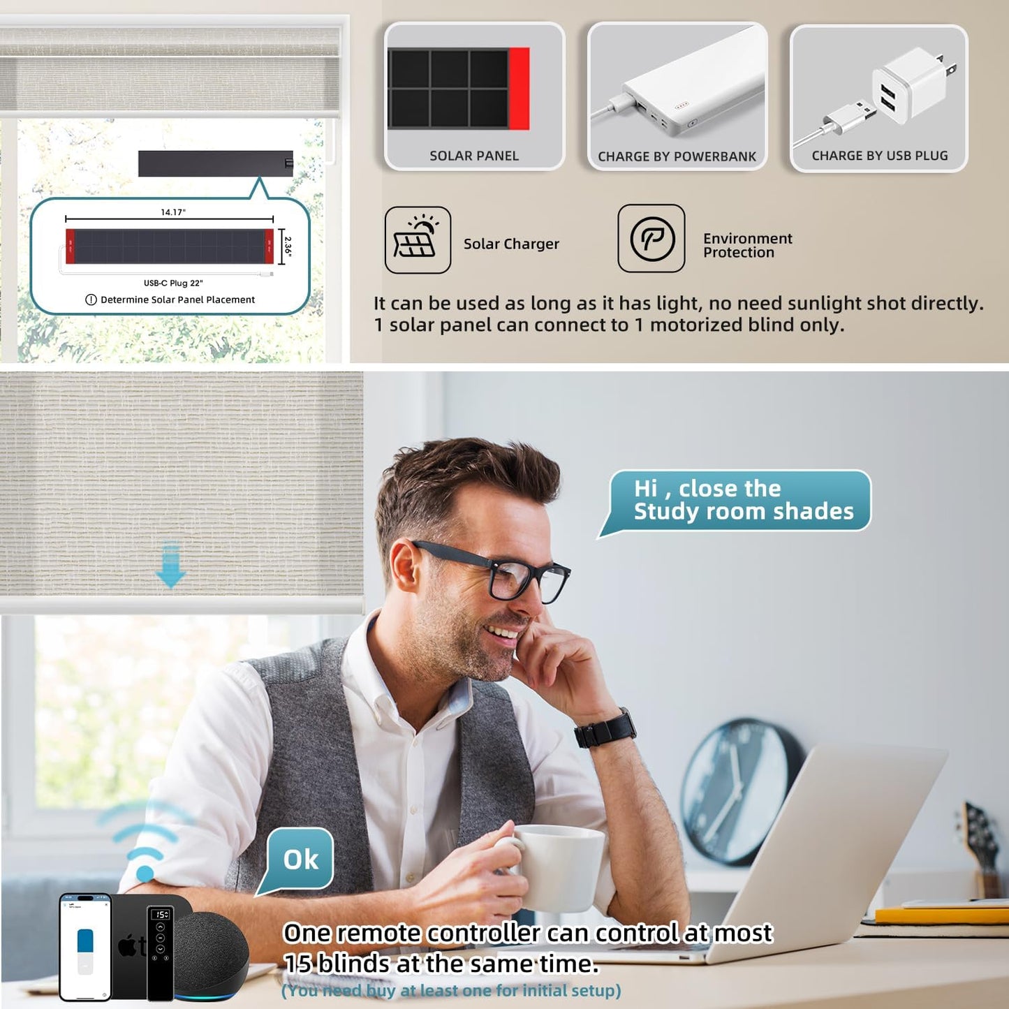 SmartWings Motorized Light Filtering Shades, 70% Blackout, Custom Size, Rechargeable Battery, Works with Matter/Apple HomeKit, Alexa, Thread/Zigbee, Remote Optional, 70% Safari Cream