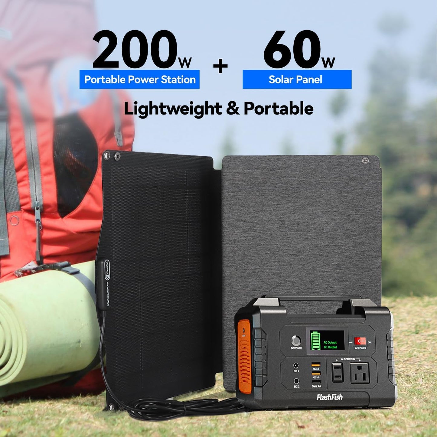 Portable Power Station With Solar Panel Included, Flashfish 200W Solar Generator+60W Solar Panel(DC Output),Backup Power Emergency Power Supply For Home Blackout/RV/Camping