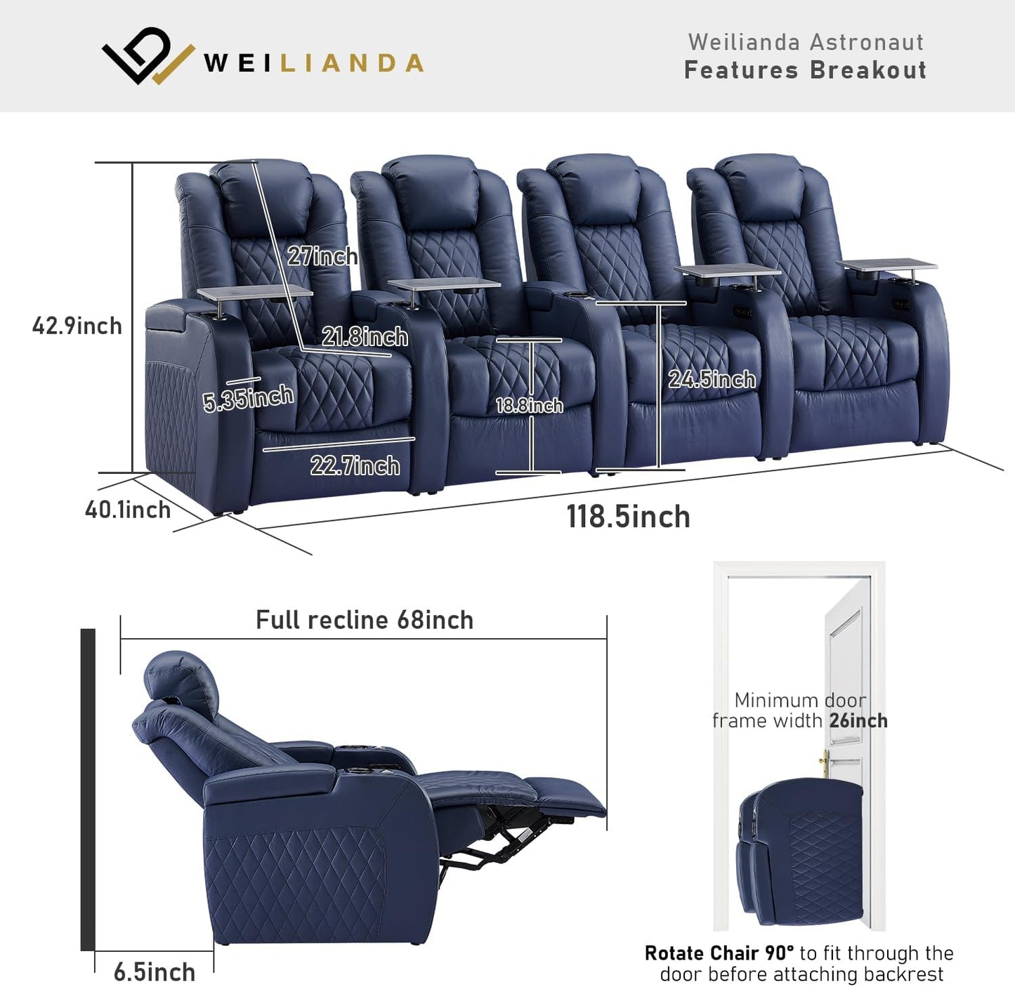 Weilianda Home Theater Seating Top Grain Leather Zero Gravity Recliner Chair Power Headrest Recline Movie Seat Gaming 7 Colors Mood Light Sofa with Tray Table USB Charge Row of 4 Blue