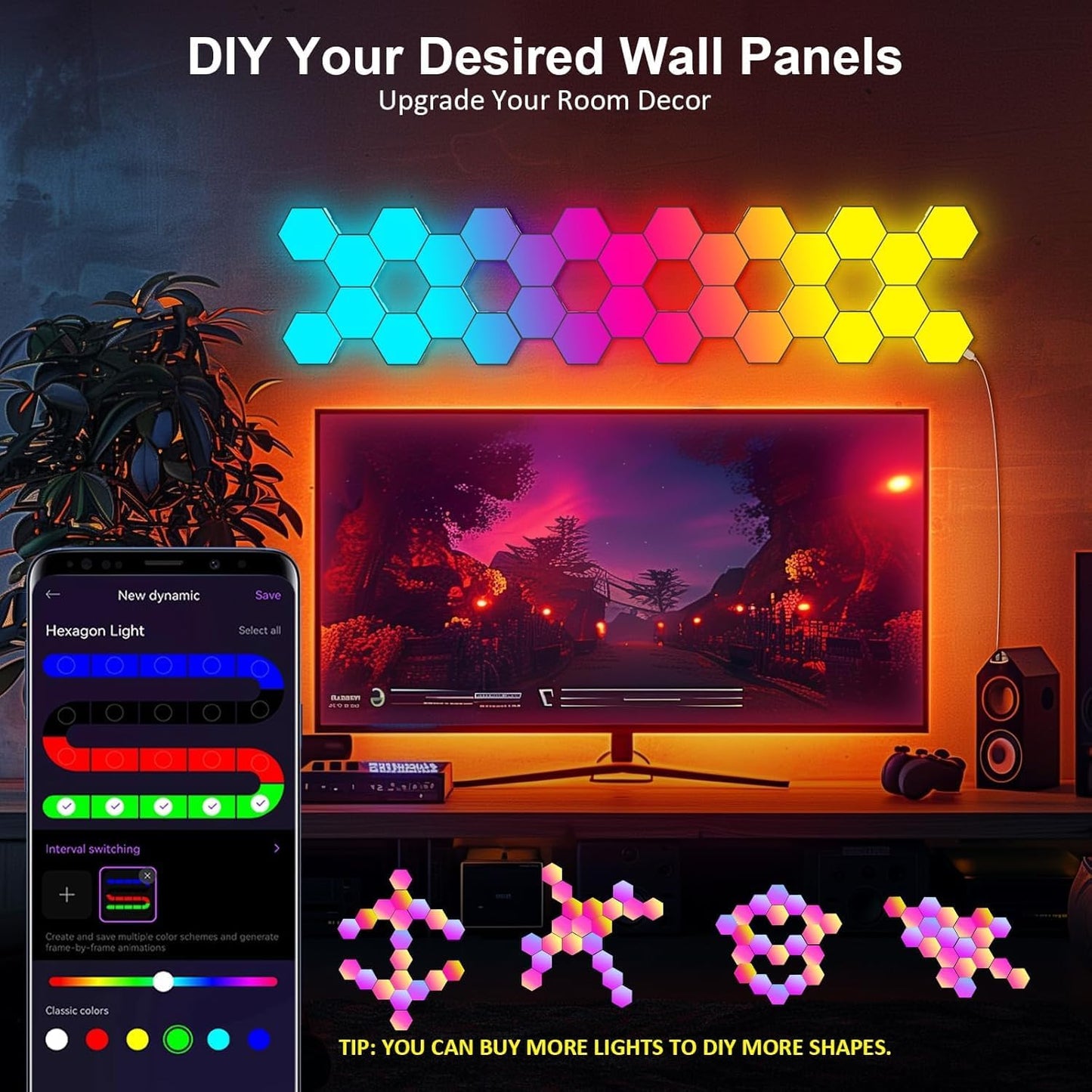 Hexagon LED Lights 8 Pack - RGB Wall Panels with Music Sync, Smart App & Remote Control, DIY Modular Hex Light for Gaming Room, Bedroom, Living Room, Wall Decor