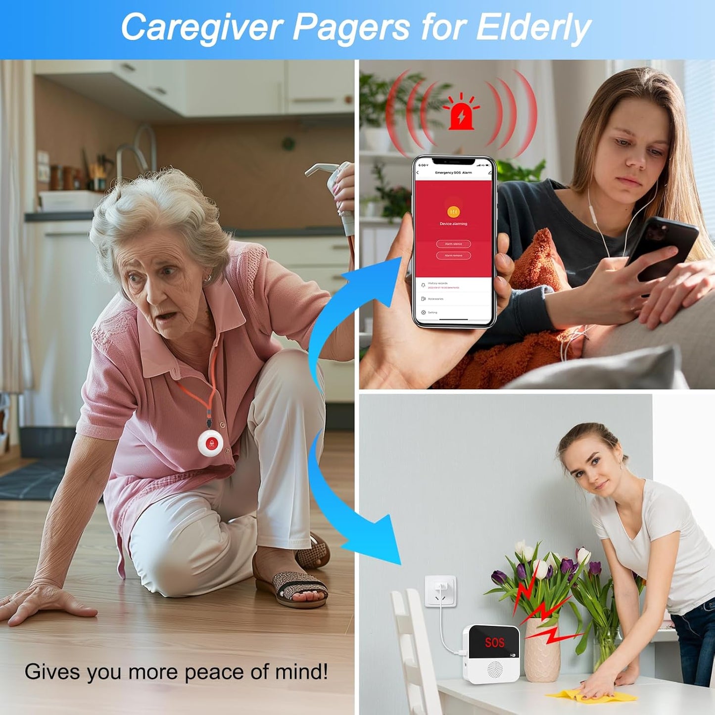 WiFi Rechargable Smart Wireless Caregiver Call Button Nurse Calling Life Emergency Alert System for Seniors Elderly Patient Disabled Kids 3 SOS Panic Buttons 1 Receiver (only Supports 2.4GHz Wi-Fi)