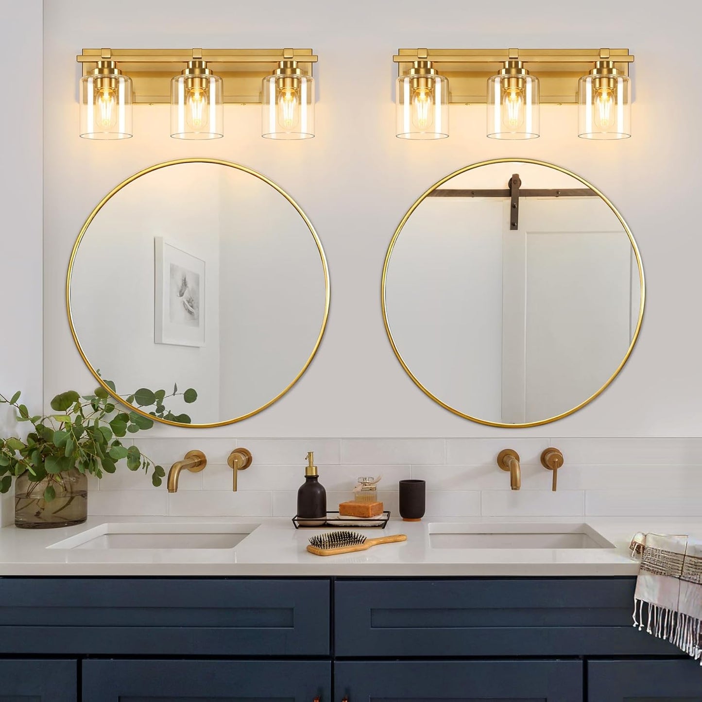 3 Light Modern Bathroom Light Fixtures Over Mirror, Brass Finish Vanity Lights for Bathroom Wall Sconces with Clear Glass Shades, E26 Socket (Bulbs Not Included)