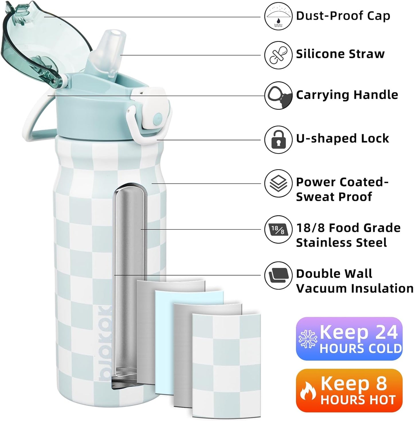 BJPKPK Stainless Steel Insulated Water Bottle with Straw Lid 18oz Reusable Metal Thermal Flask Bottles Keep Cold and Hot,Plaid