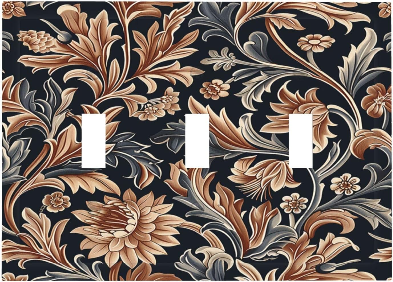 Decorative Switch Plates Vintage Grey Plant Leaves Brown Flowers 3 Gang Wall Plate Triple Toggle Light Switch Cover Faceplate Electrical Wall Panels for Bedroom Home Decor