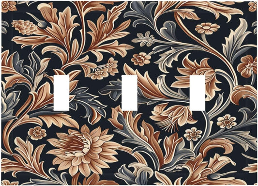 Decorative Switch Plates Vintage Grey Plant Leaves Brown Flowers 3 Gang Wall Plate Triple Toggle Light Switch Cover Faceplate Electrical Wall Panels for Bedroom Home Decor