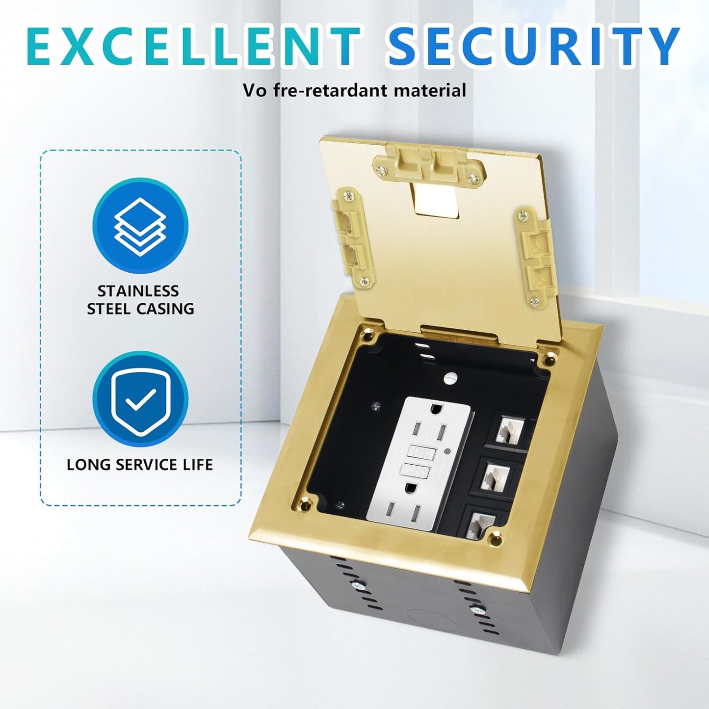 KYHSHJ Recessed Flat Hidden Socket Kit with 2 * 15 Amp Stainless Steel GFCI Tamper Receptacle Outlet+3-Port RJ45 Datacom Receptacle. Internal Height Adjustable，Corrosive Resistant Hardware，Brass