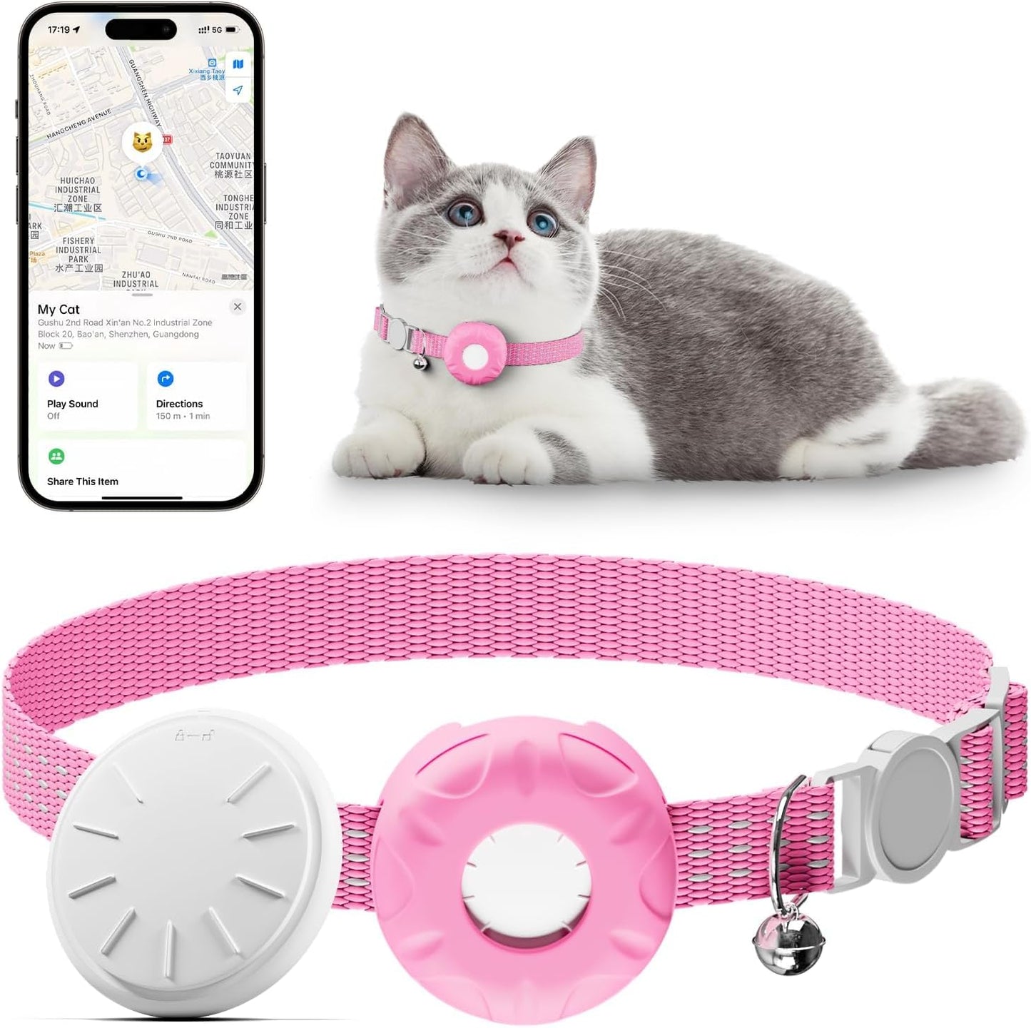 Cat GPS Tracker for Cats, Waterproof Pet GPS Tracker, Compatible with Apple Find My App (Only iOS), No Monthly Fee (White Tracker, Pink Cat Collar)-2025091601