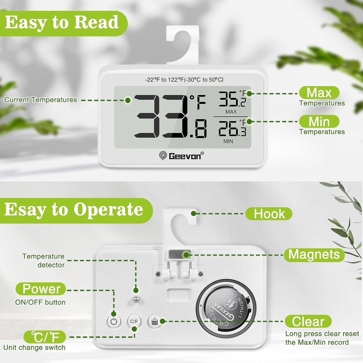 Geevon 2 Pack Refrigerator Thermometer Digital Fridge Thermometer IP65 Waterproof with Large LCD Display,Max/Min Record Function,Magnetic Back,for Fridge,Freezer Scenarios