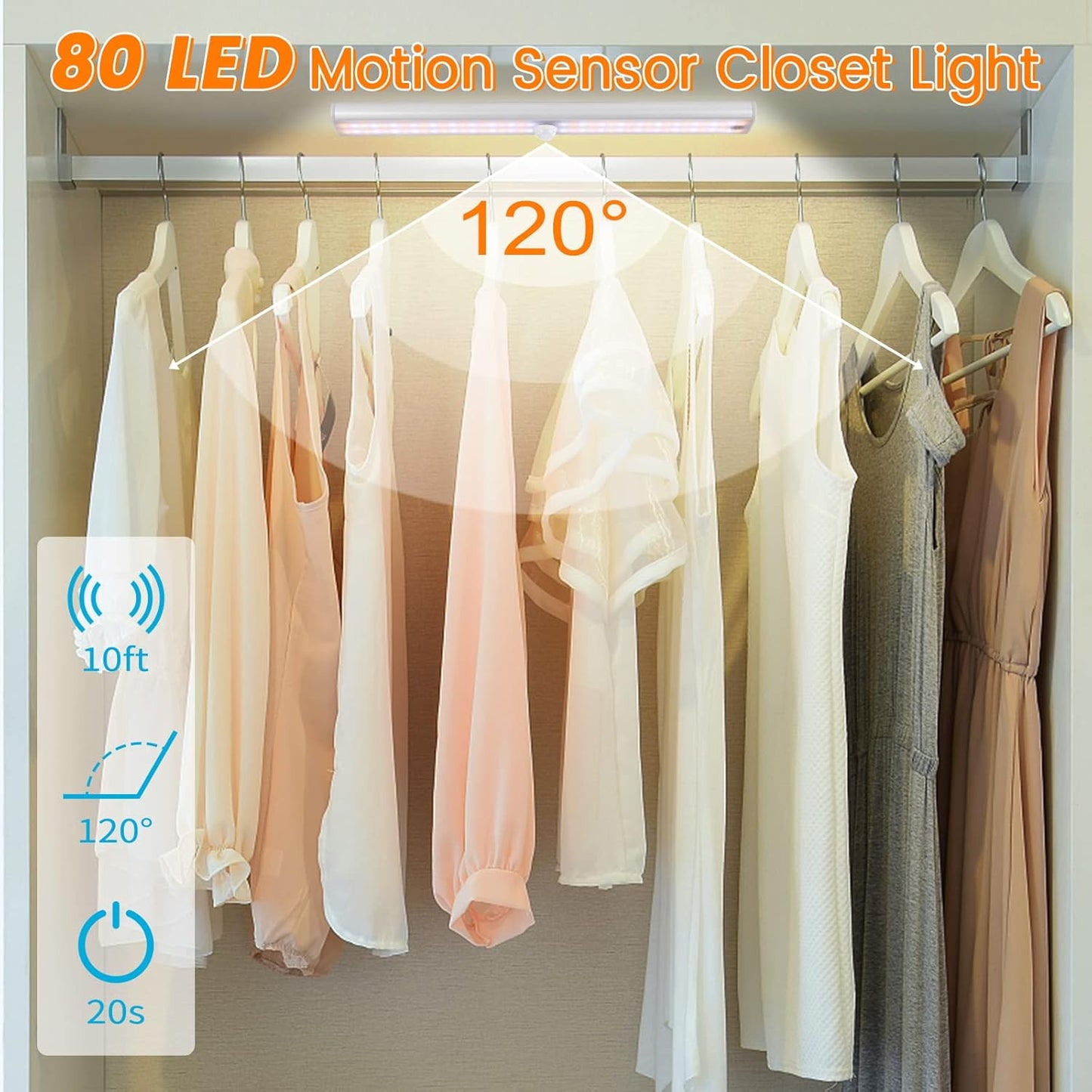 Under Cabinet Lights Motion Sensor Light Dimmable, 80 LED Closet Light Rechargeable Magnetic Under Cabinet Lighting, Under Counter Lights for Kitchen, Wardrobe, 1-Pack