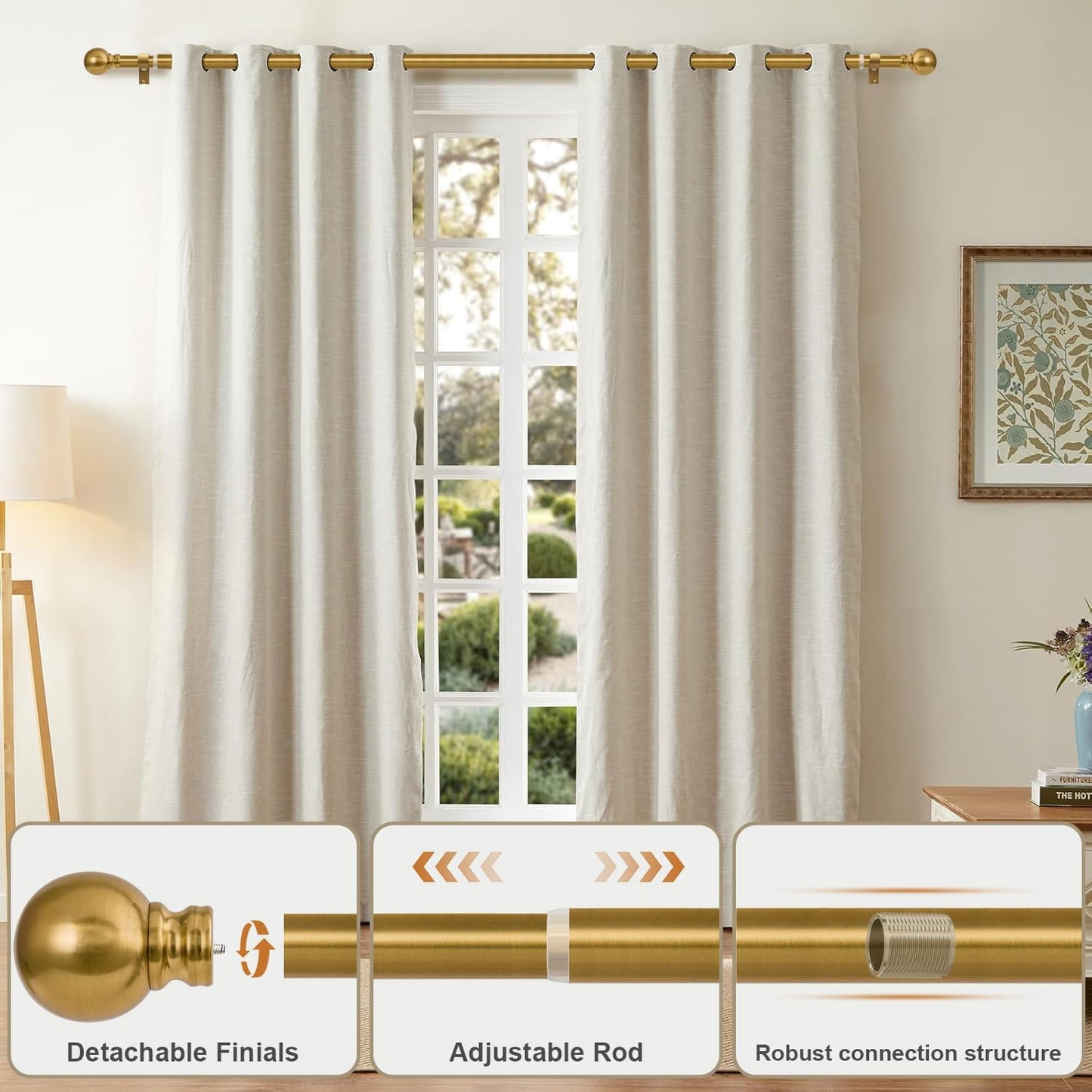 Modern Gold Curtain Rods for Windows 28 to 48 Inch 1" Diameter Adjustable Heavy Duty Brass Window Curtain Rod with Metal Finials for Living Room Bedroom Farmhouse Kitchen Outdoor