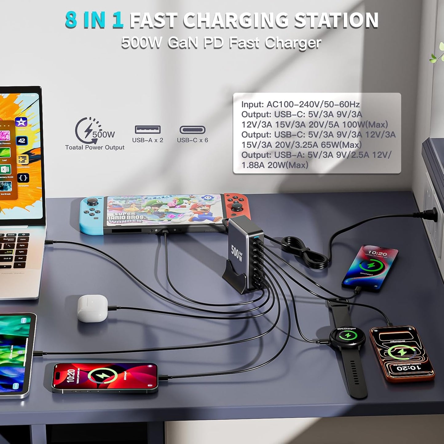 500W GaN USB C Charger Block Charging Station 8 Port Fast Charger Block with Dual 100W PD USB-C Fast Charging Station Hub Compatible with iPhone 17/16 15/14/13/Pro Max/MacBook Pro/Air/All iPad (Black)