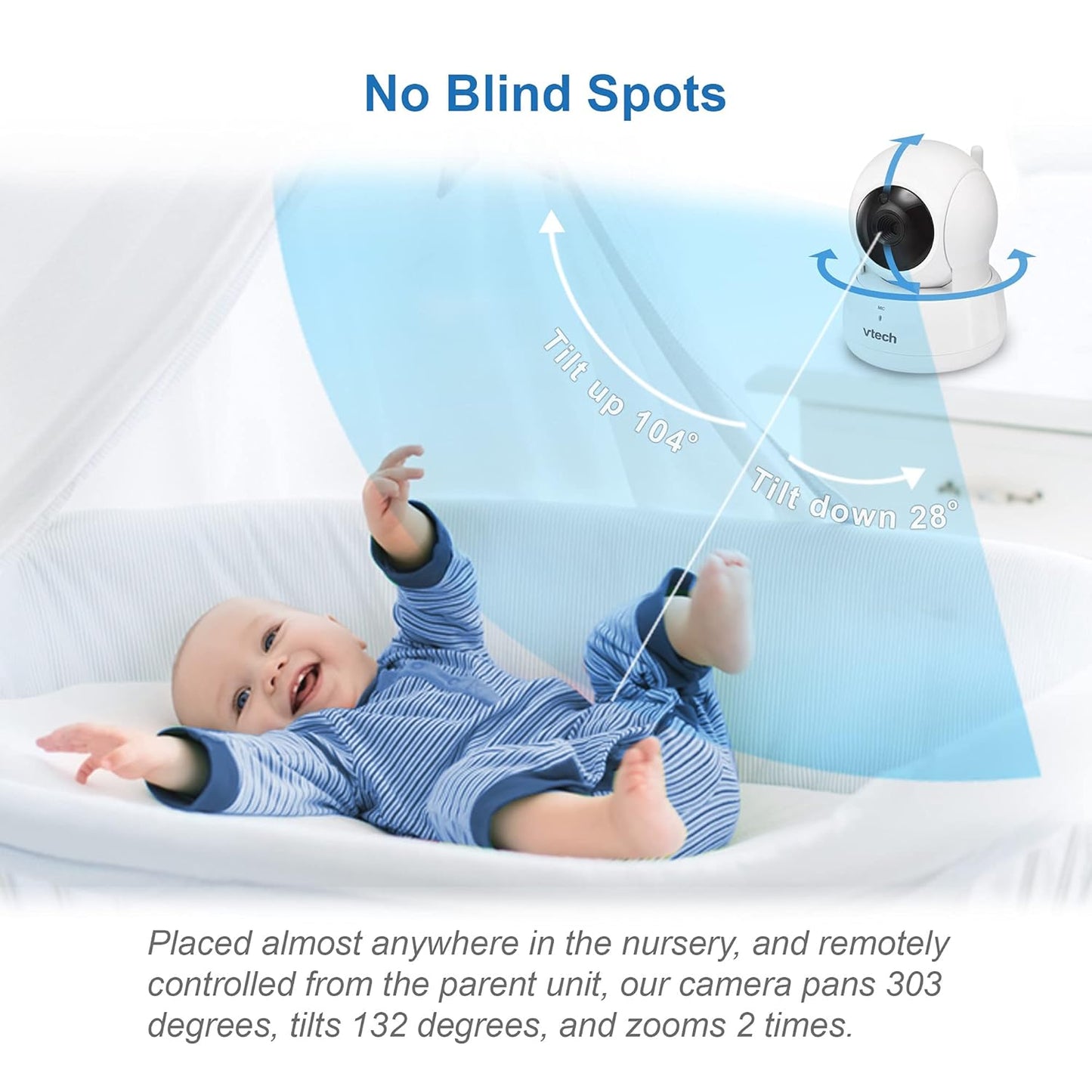 VTech VM923-2 Baby Monitor, 2.8”Screen, 1000ft Range, Pan-Tilt-Zoom, Night Vision, 2-Way Audio, Temperature Sensor, Lullabies, Secured Transmission No WiFi