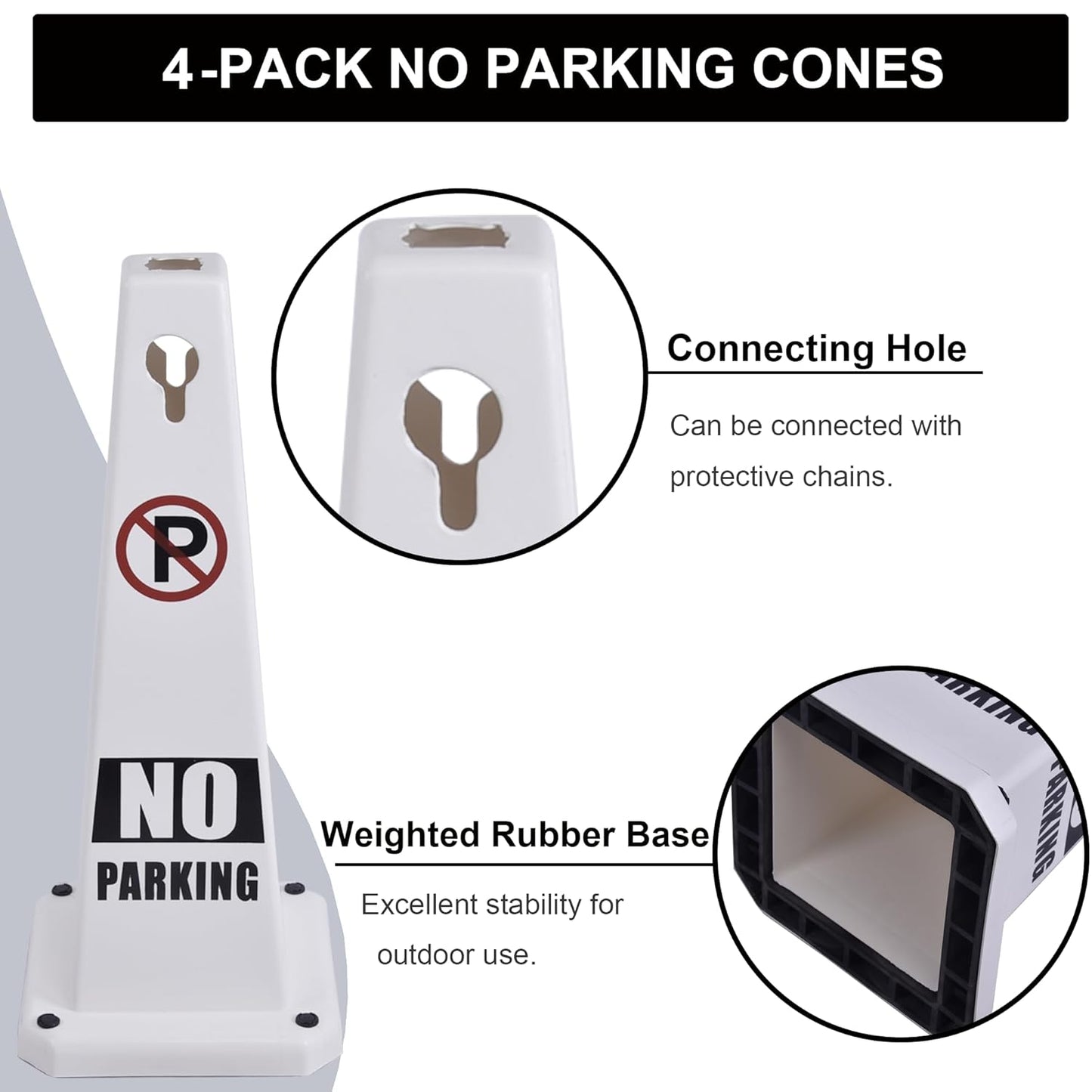 OrangeStar No Parking Cones 4-Pack, 26.5" Large 4-Sided Traffic Cones with Heavy Rubber Base for Parking Lot Control, Safety, Driveway | Indoor Outdoor Use