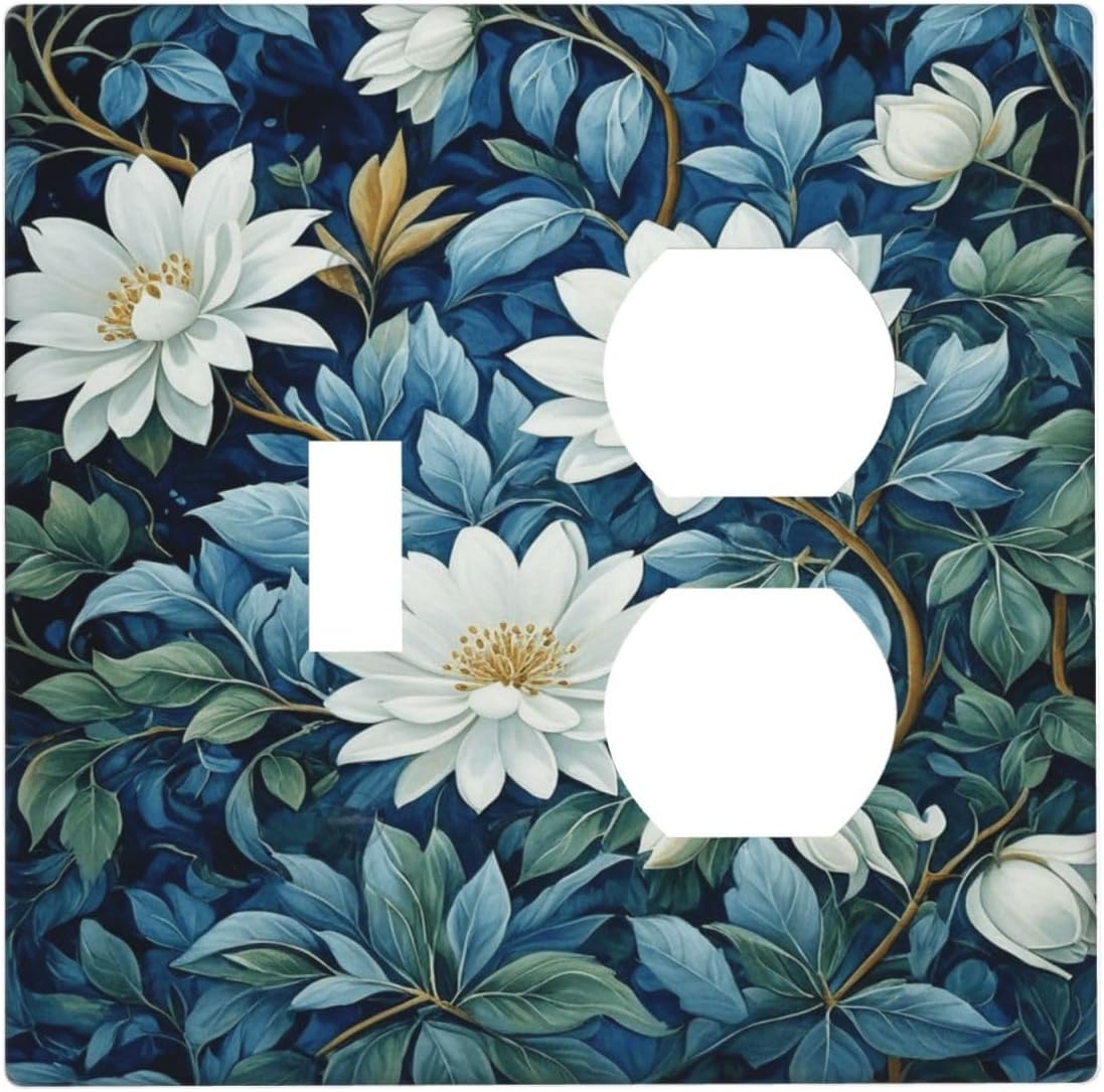 Decorative Outlet Covers Rustic White Floral Flowers Green Blue Leaves 2 Gang Wall Plate Single Toggle Duplex Light Switch Cover Switch Plate Covers Faceplate for Bedroom Home Decor