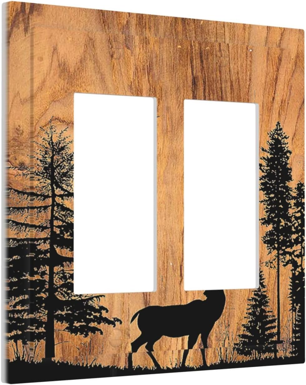 Decorative Outlet Covers Rustic Farmhouse Orange Brown Pine Tree Deer Wood Grain 2 Gang Double GFCI Rocker Electrical Wall Panels Light Switch Cover Plate for living Room Cabin Decor