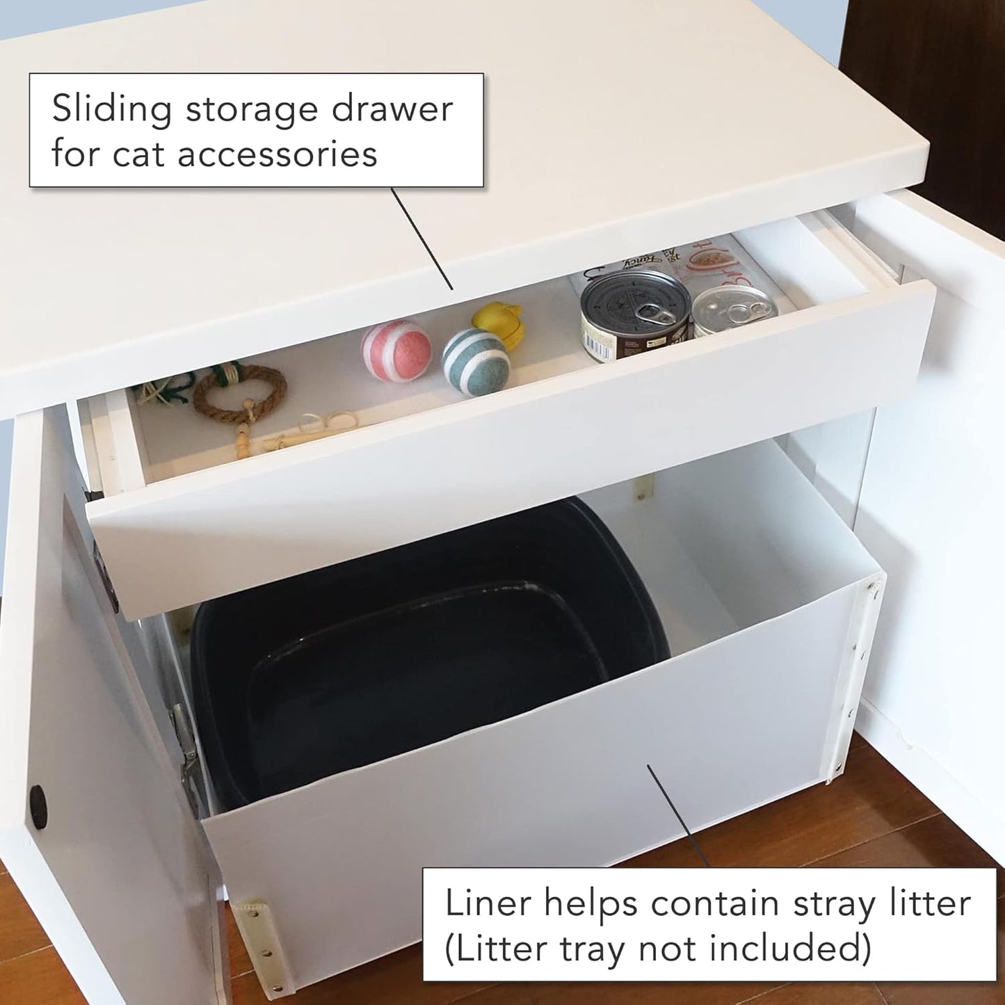 THE REFINED FELINE Cat Litter Box Enclosure Cabinet, Cottage, White, Square Feet, XLarge, Hidden Litter Cat Furniture with Drawer