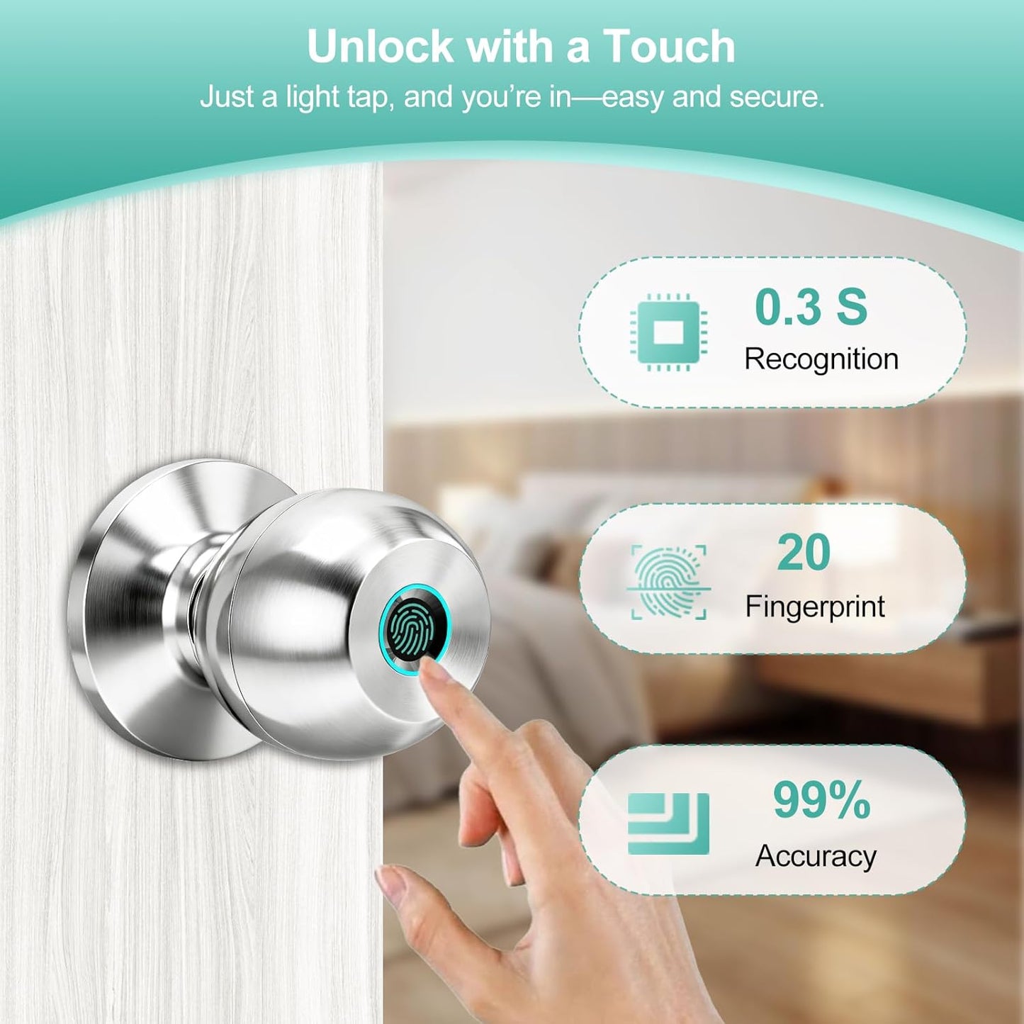 Fingerprint Door Lock, Smart Door Knob, Keyless Entry Door Lock with App Control, Thumbprint Door Knob with Extra Power Bank, Suitable for Home, Bedroom, Apartments, Office - Sliver