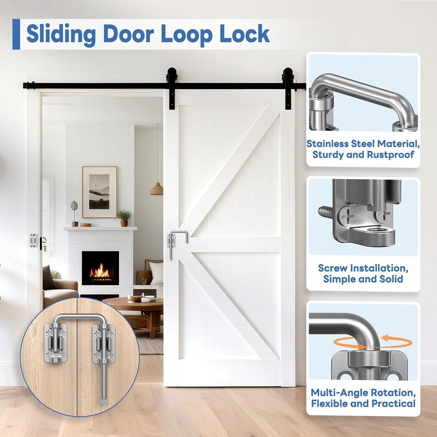 Sliding Door Loop Lock, 90/180 Degree Stainless Steel Patio Door Latch for Sliding Barn/Single/Double Opening Gate, Shed, Closet, Window, Fence - Home Security Loop Latch (Silver-2PCS)