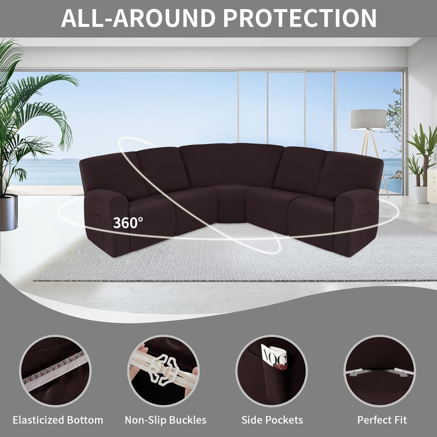 Easy-Going 100% Waterproof Recliner Cover, Stretch Couch Covers for Reclining Couches, Extra Large Sectional Sofa Slipcover, L-Shape Furniture Protector for Kids & Pets, 5 Seater, Chocolate