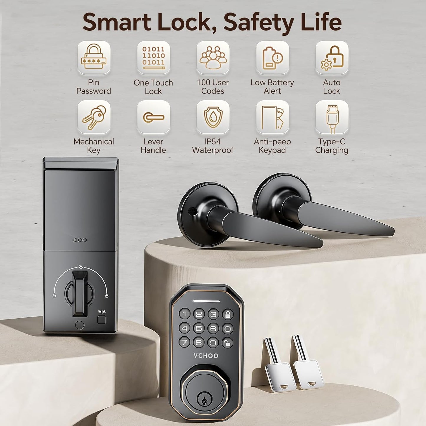 Keyless Entry Door Lock Set Smart Locks for Front Keypad Door Lock with Handle Automatic Lock One Time Password Anti Peeping Password IP54, Bronze