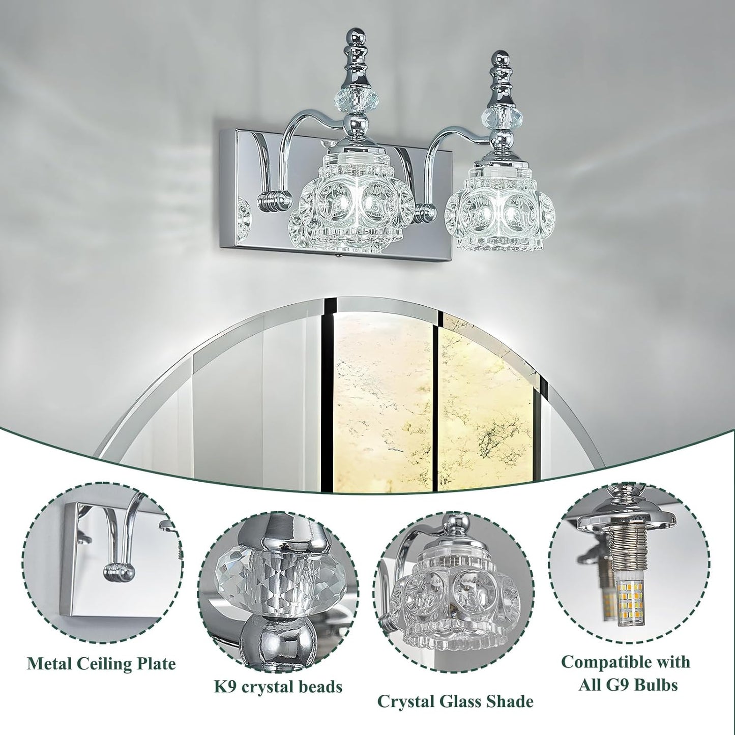 Modern Glass Crystal Vanity Light - Vintage Bathroom Lighting Fixtures Over Mirror, 2 Light Vanity Lights G9 Bulb (11.81 Inch, Chrome)