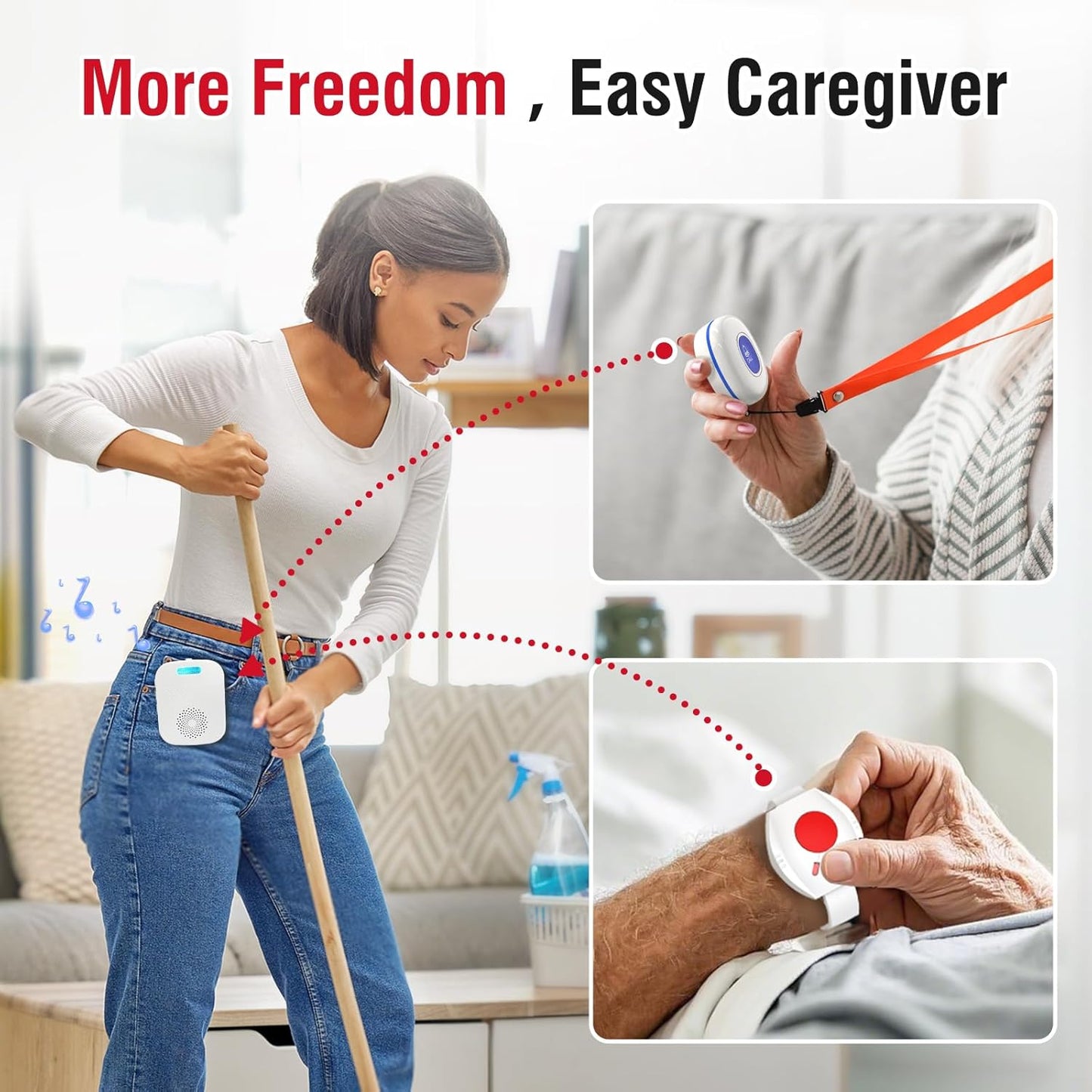 CallToU Caregiver Pager Wireless Call Buttons for Elderly Monitoring Portable Call Bell with 2 Panic Button and 1 USB Receiver,500ft Range Nurse Alert System for Home Care Seniors (FCC Certified)