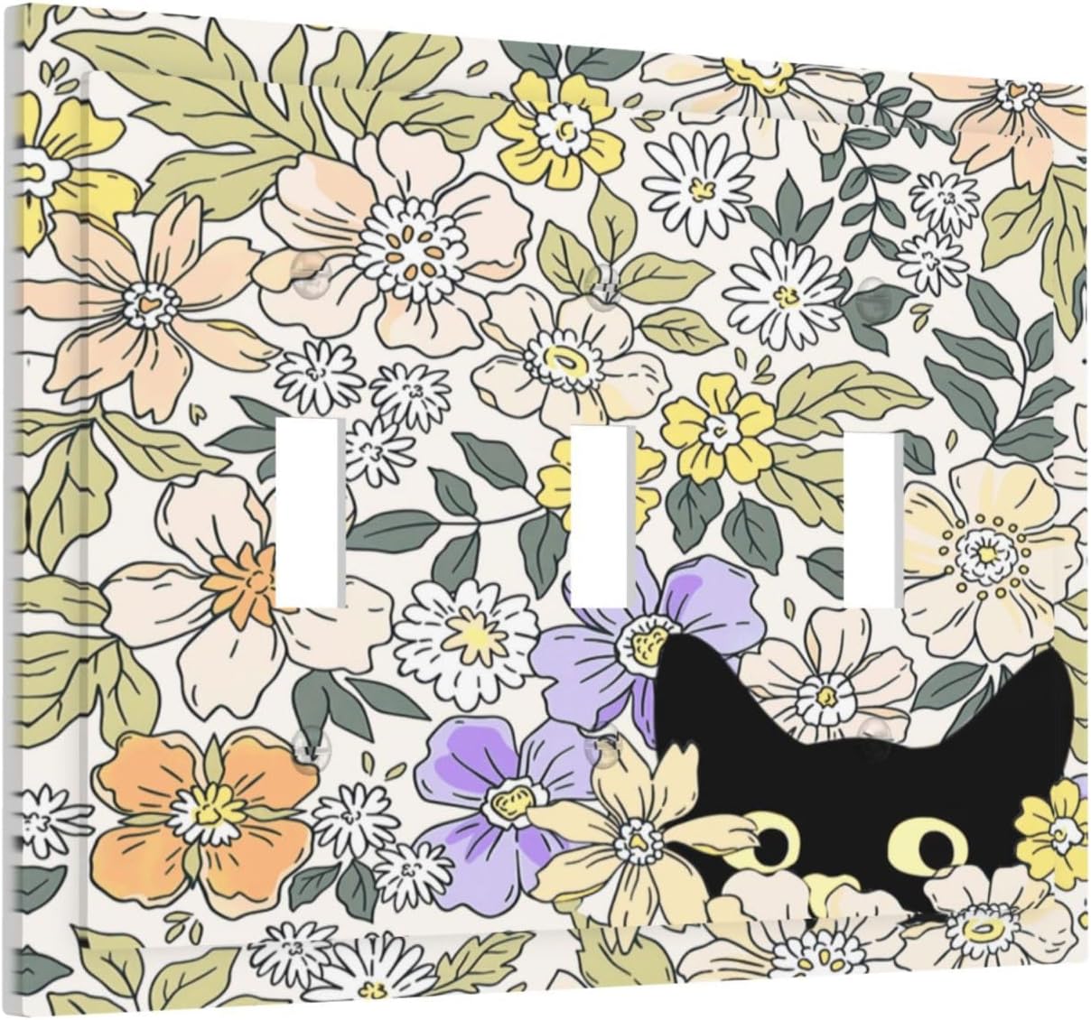 Decorative Light Switch Plate Covers Cute Black Cat in a Flower Patch Botanical Garden 3 Gang Artistic Wall Plate Unique Triple Toggle Light Switch Covers for Bedroom Home Decor