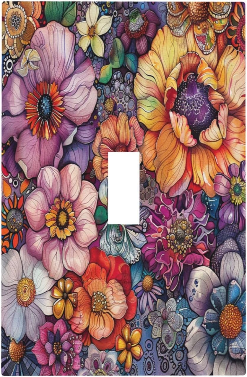 Decorative Light Switch Cover Colorful Bohemian Flowers Vintage Boho Floral 1 Gang Single Toggle Device Electrical Faceplate Switchplates Decorator Outlet Wall Plate for Bed Room Decor