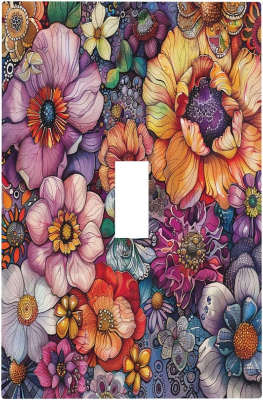 Decorative Light Switch Cover Colorful Bohemian Flowers Vintage Boho Floral 1 Gang Single Toggle Device Electrical Faceplate Switchplates Decorator Outlet Wall Plate for Bed Room Decor