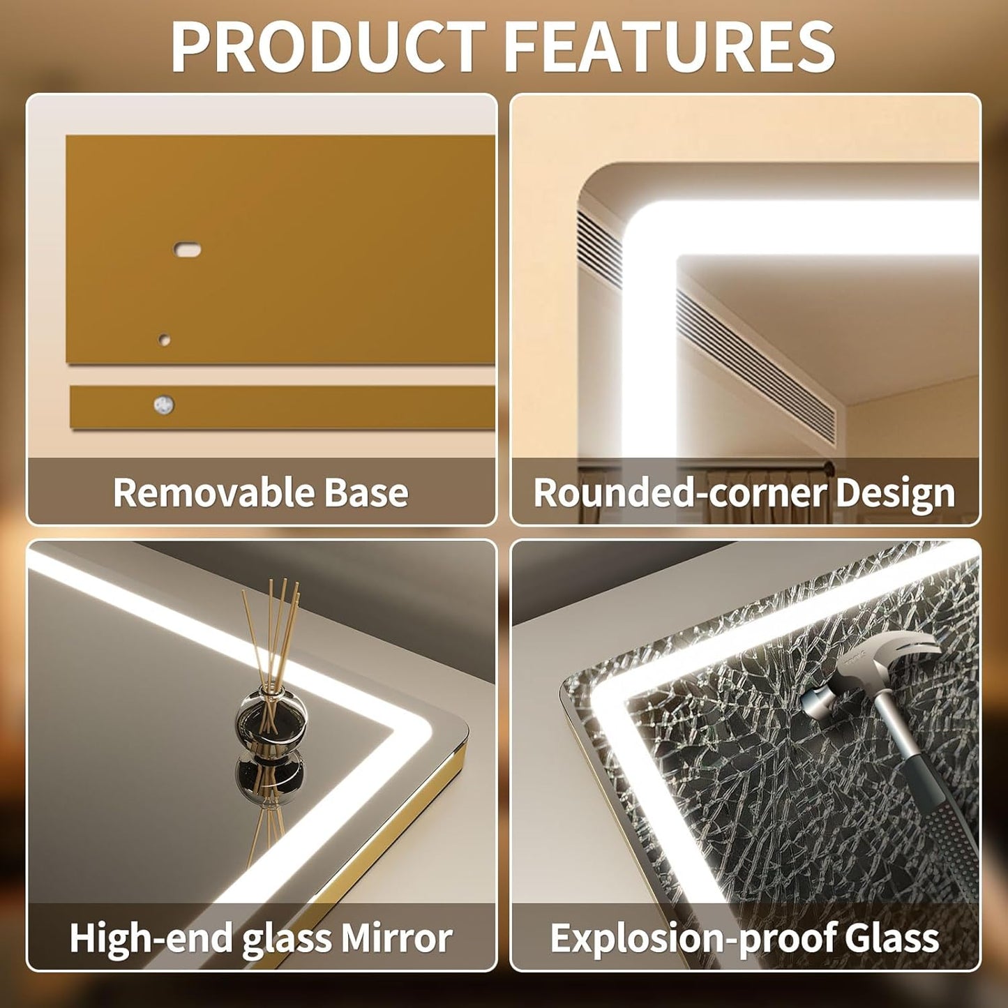 ROLOVE Vanity Mirror with Lights 23x18 Inch, Gold Lighted Makeup Mirror, 3 Color Modes, Smart Touch Dimming, Large Vanity Mirror for Desk, Bathroom, Wall