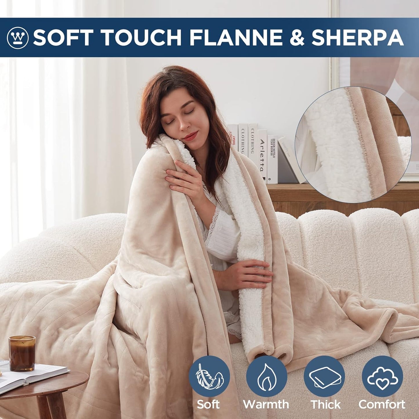 Westinghouse Electric Blanket Full, Heated Blanket Full Size with 10 Heating Levels and 1 to 12 Hours Heating Time Settings, Flannel to Sherpa Reversible, Machine Washable (80" x 84", Beige)