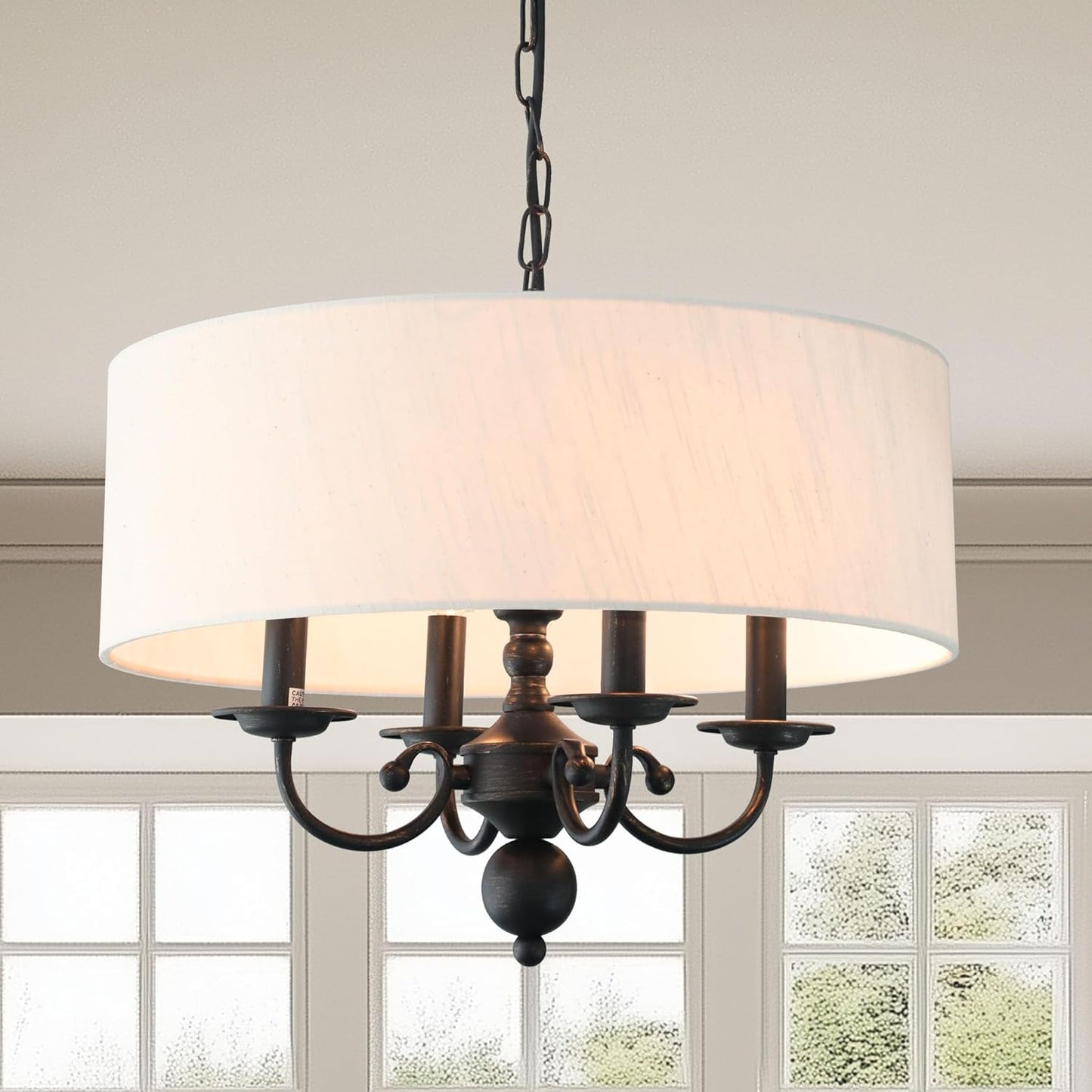 Drum Chandelier, 4-Lights Pendant Ceiling Hanging Light Fixture with Beige Shade, for Dining Room Living Room Bedroom Kitchen Island(17.75")