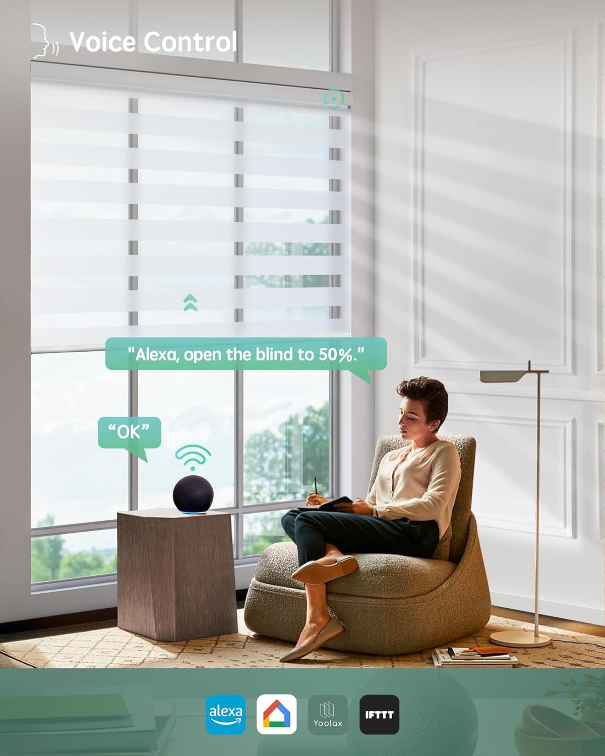 Yoolax Motorized Blinds with Remote, Electric Zebra Blinds for Indoor Windows, Room Darkening Smart Shades with Voice Control, Compatible with Alexa Google Home, APP Control, 47" W x 72" H, White