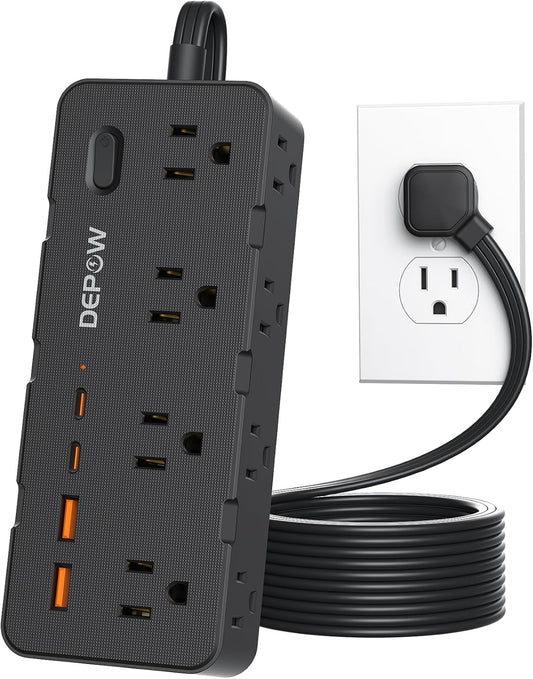 Power Strips with Surge Protection, 5FT Extension Cord with Multiple Outlets-8 AC Outlets 4 USB Ports (2 USB C), Flag Plug, 1700 Joule Surge Protector for Home Office, Black