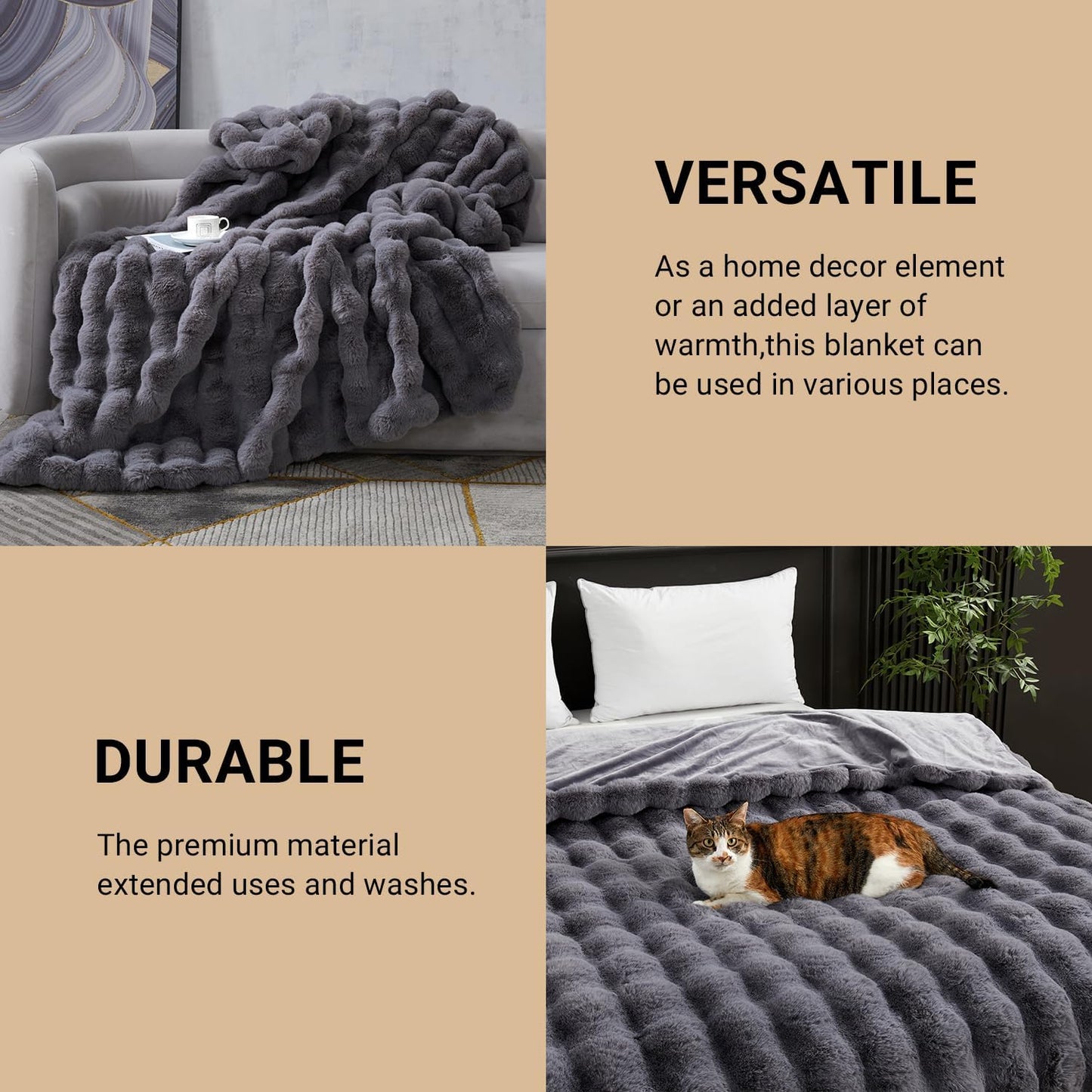 SAPHREAS Faux Fur Throw Blanket for Couch, Fluffy Fuzzy Bubble Blanket for Sofa Bed Living Room, Grey Decor Soft Cozy Gifts for Women Men, 60x80” Gray
