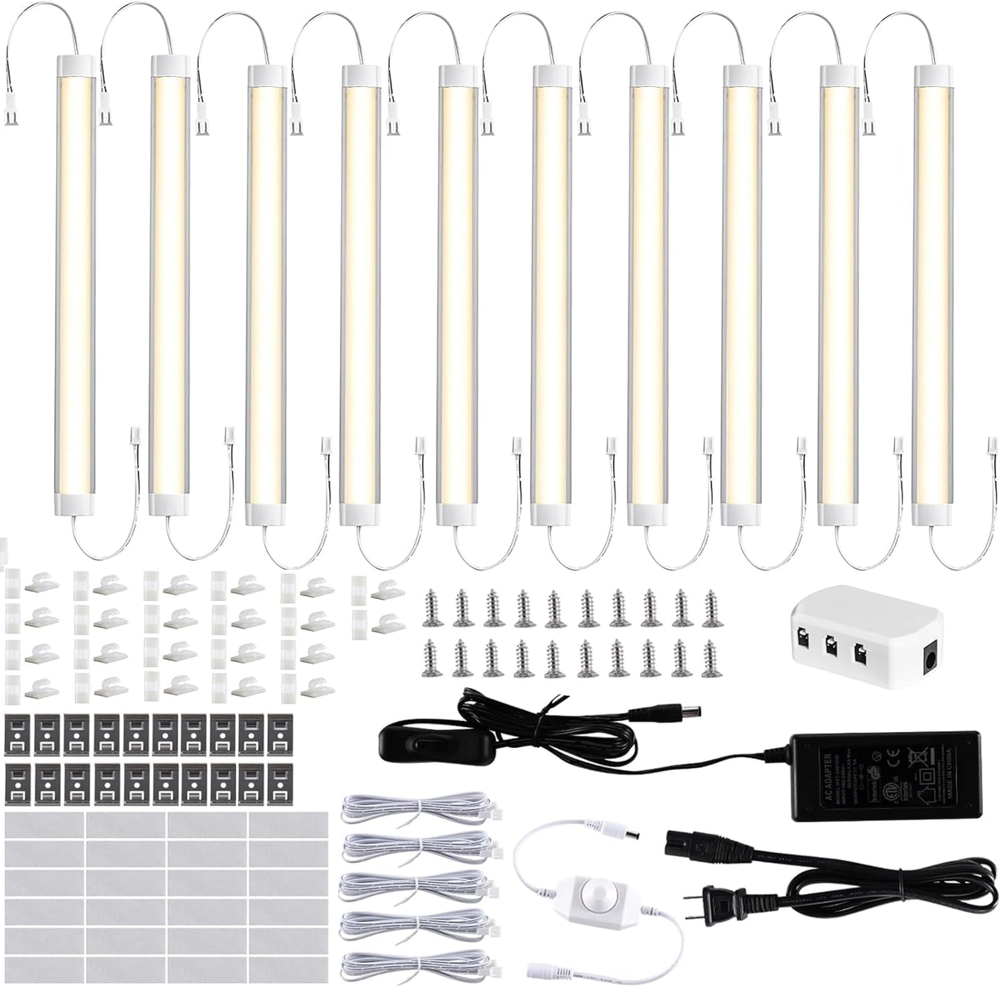 LABOREDUCER LED Under Cabinet Lighting with Plug in 10 Pack,11inch Dimmable LED Under Cabinet Lights with Rotary Dimmer Switch, Warm White Linkable Under Counter Lights for Kitchen (Warm White)
