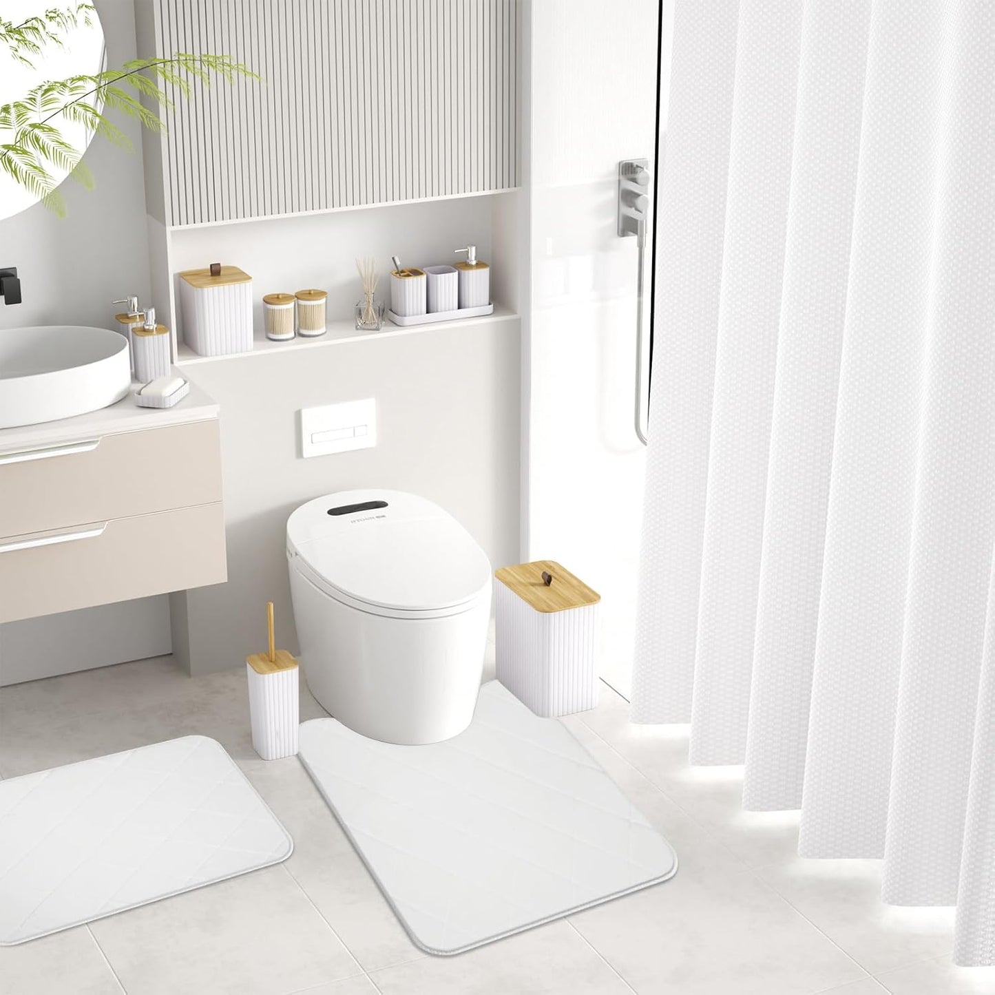 Bathroom Accessory Set - White Bathroom Set, 27PC Bathroom Accessories Set, Bathroom Sets with Shower Curtain and Rugs, Mini Trash Can, Toilet Brush, Trash Can & Soap Dispenser