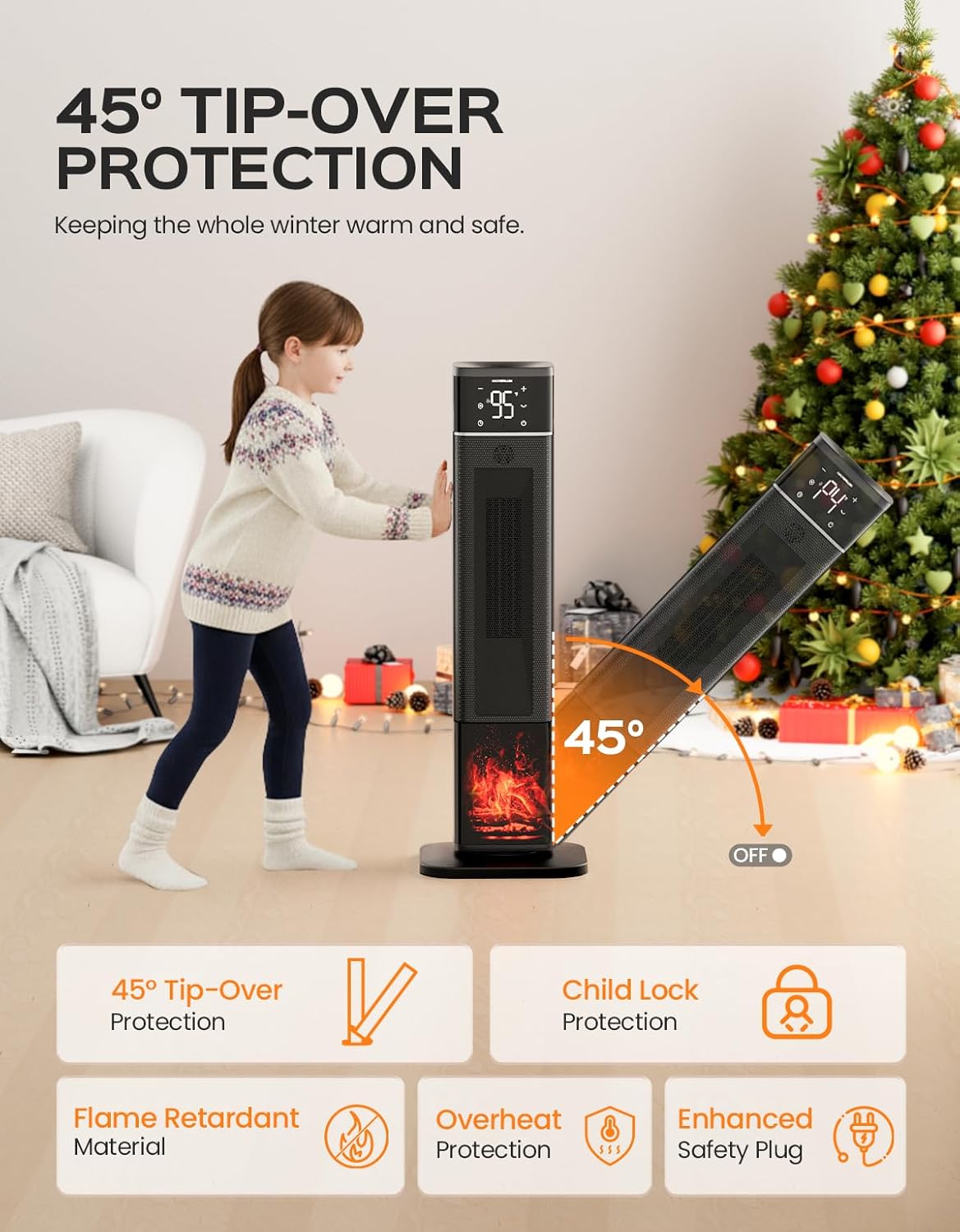 32.3" Portable Space Heaters for Indoor Use Large Room, 1500W Tower Electric Space Heater with 3D Flame, PTC Ceramic Space Heaters with Remote