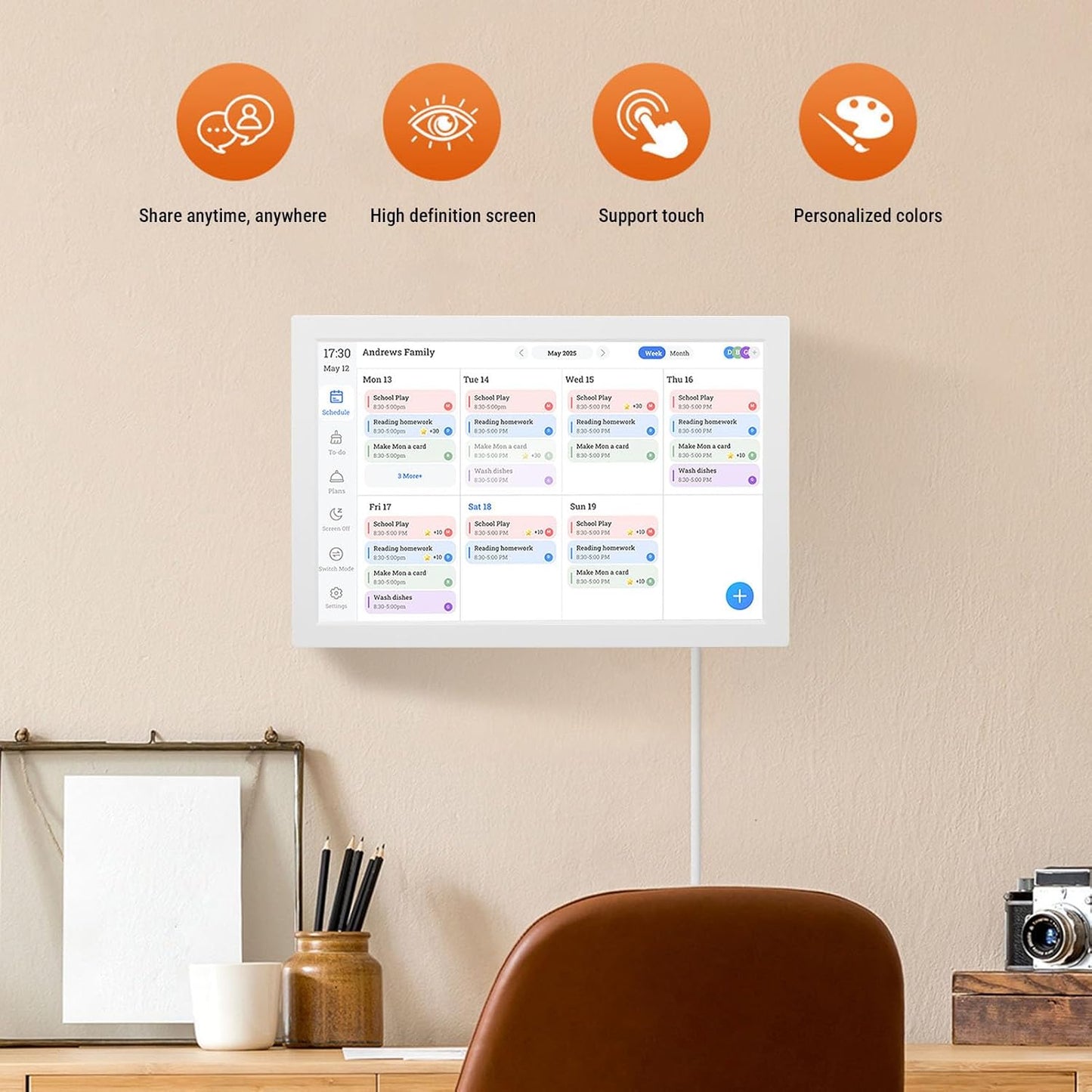 Jiawu 10.1 inch Wall Planner Digital Calendar & Chore Chart, Smart Touchscreen Interactive Display, Electronic Picture Frame for Family Schedules, Routines, Wall & Desk Mountable