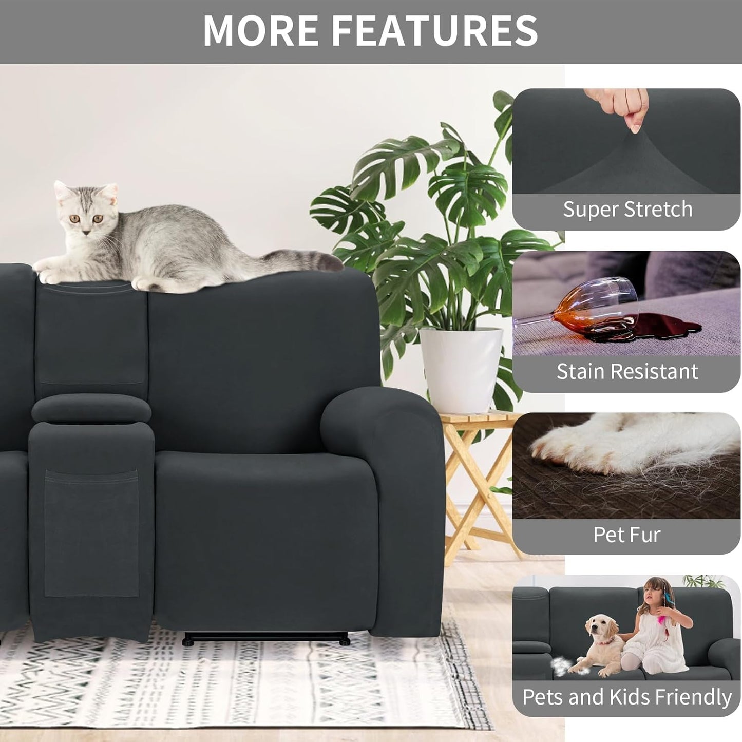 Easy-Going 100% Waterproof Recliner Cover, Stretch Couch Covers for Reclining Couches, Extra Large Sectional Sofa Slipcover, L-Shape Furniture Protector for Kids & Pets, 5 Seater, Dark Gray