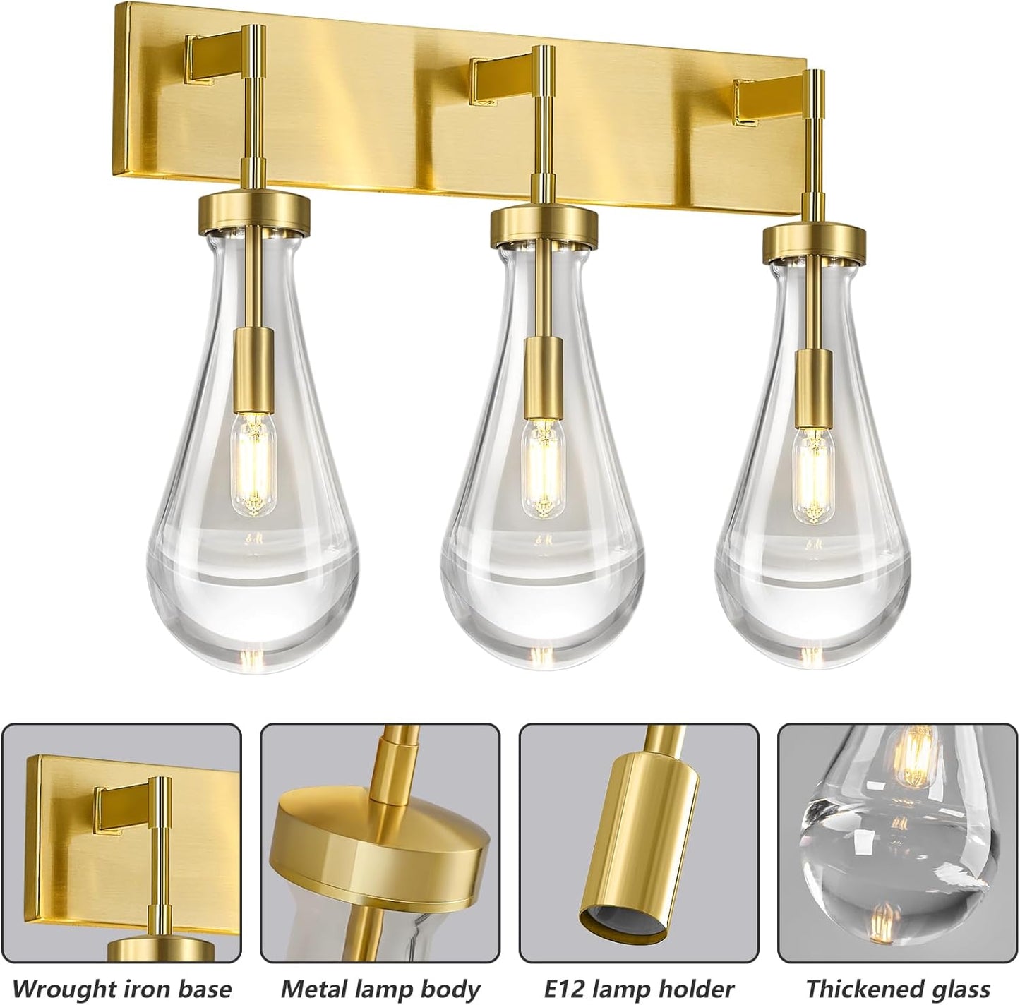 Raindrop Wall Sconces Gold Crystal Sconces Wall Decor Modern Lighting Glass Bathroom Sconces Indoor Vanity Light Wall Lamp for Bedroom Living Room Stair(3-Light)