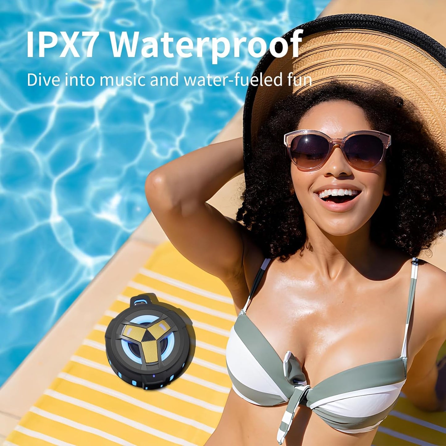 EBODA Waterproof Bluetooth Speaker, Shower Wireless Speaker, IP67 Waterproof, LED Light, Floating, Portable Speakers for Travel, Pool, Beach, Kayak, Gifts for Men-Black Golden Special Edition