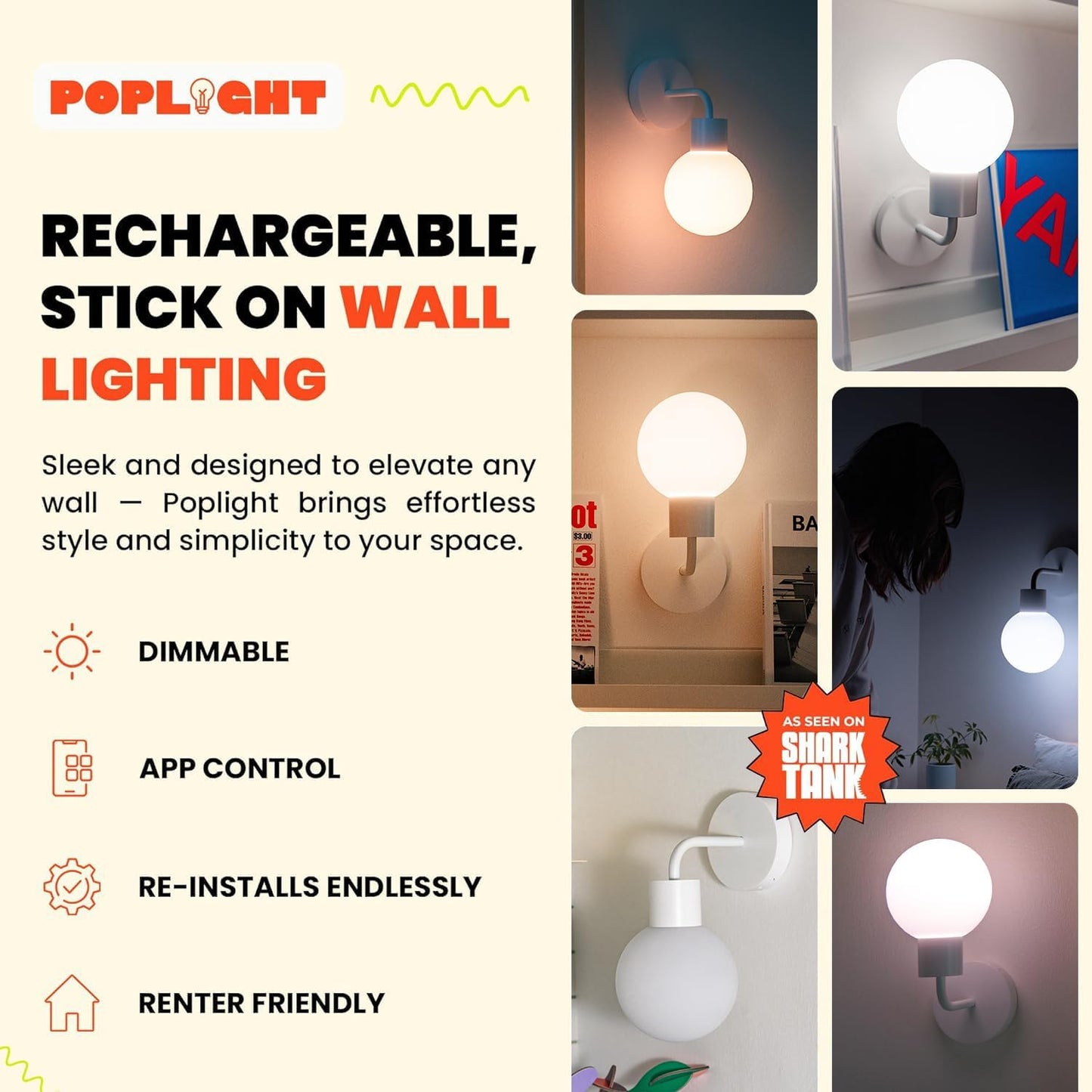 Wireless Wall Sconce (Shark Tank) Rechargeable & Dimmable LED Light w/App Control & Damage-Free Install, Moveable Modern Ambient Lighting for Elegant Home & Bedroom Decor | Popwhite