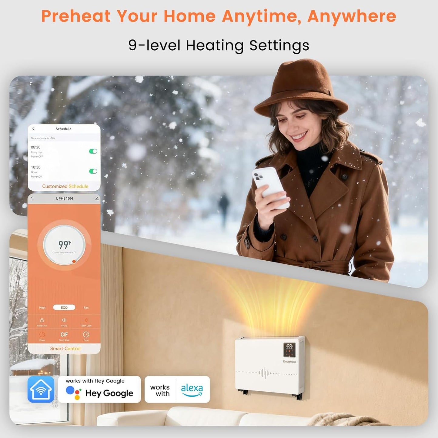 Smart Wall Heater with Wireless and Remote Control, 1500W Space Heaters for Indoor Use, Wall Mounted/Floor Electric Heater with Thermostat, Works with Alexa, 24H Timer,for Bedroom, Garage
