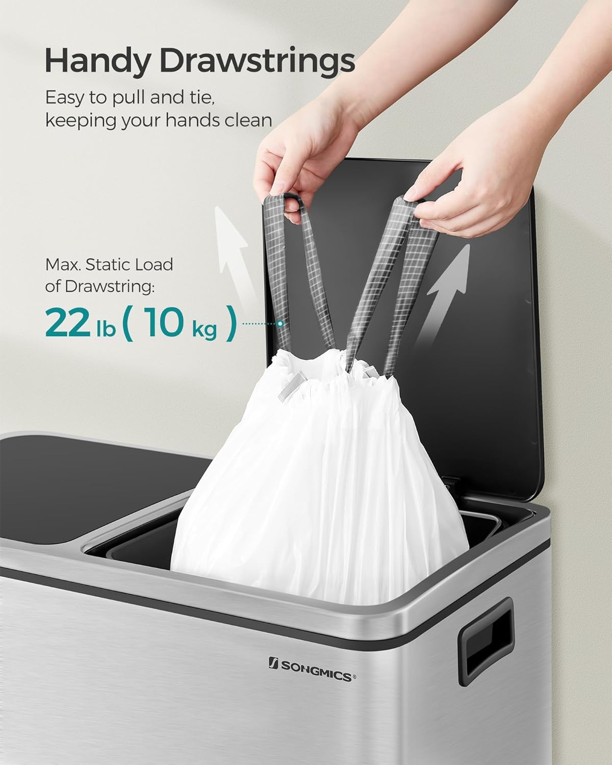 SONGMICS Trash Bags for 8-Gallon (30 L) Trash Cans, Drawstring Kitchen Garbage Bags, Pre-Separated, Liner Code 30A, 1 Roll, 45 Count, White UKRB30A