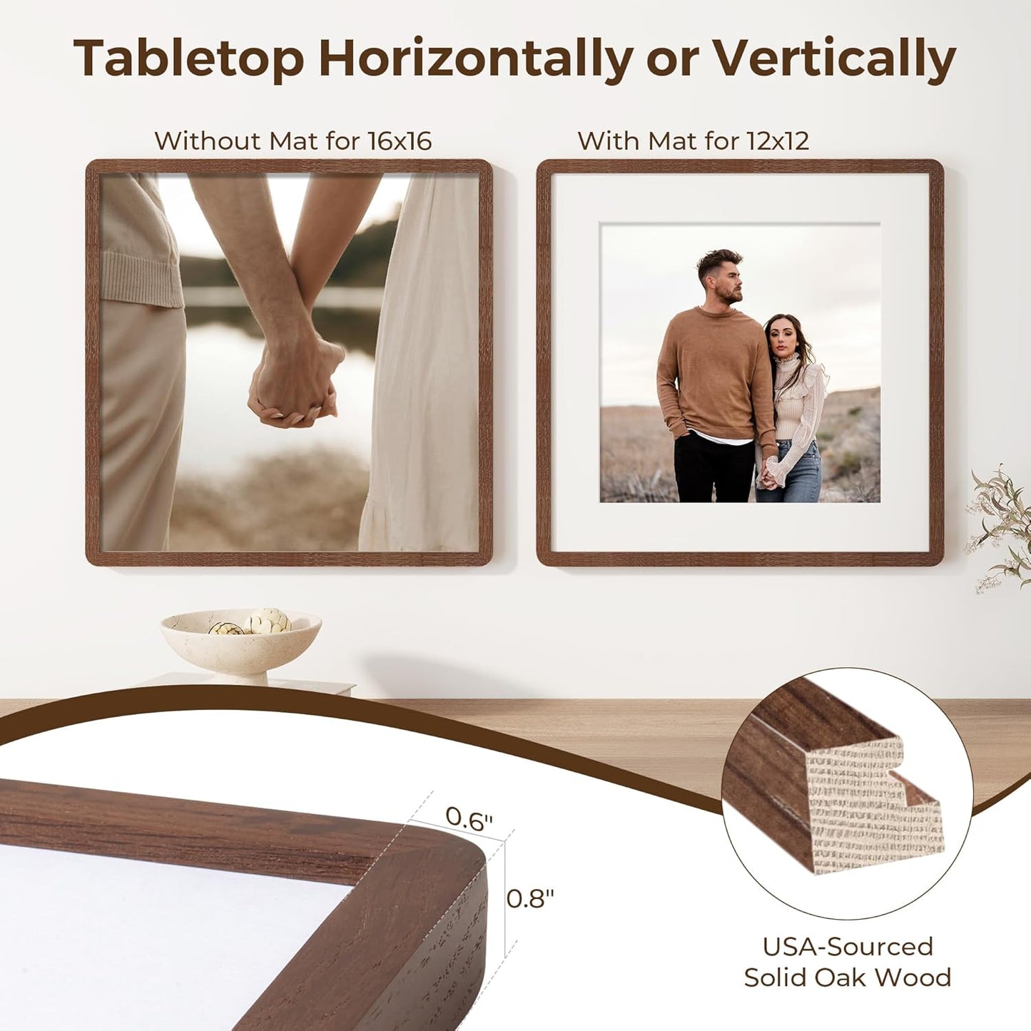 16x16 Picture Frame, Square 16 by 16 Frames for Wall - Solid Oak Wood & Tempered Glass, 16 x 16 Wood Frame Matted to 12 x 12, Square Picture Frame 16"x16" for Home Decor, Walnut Color, 1 Pack