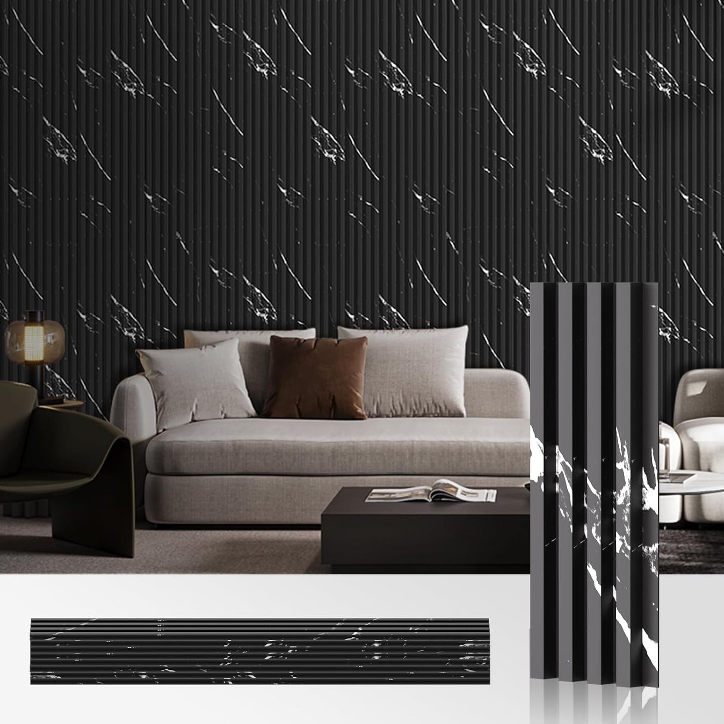 OUZUGIE WPC Acoustic Slat Wall Paneling, 8-Pack 96 x 6 Inches 3D Wall Panels for Interior Wall Decor,Living Room,TV Background,Study Room,Office Spaces,Bedroom,High Grille (Black Marble-1)