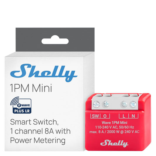 Shelly Wave 1PM Mini US LR, Z-Wave Long Range Smart Switch Relay with Power Metering, 1-Channel 8 A, Compatible with Alexa, Google Home, SmartThings & Home Assistant, Bulletproof Security