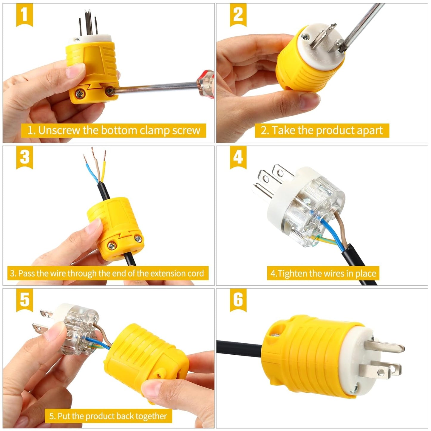 Sherr 16 Pcs Extension Cord Ends 15A 125V 2 Pole 3 Wire Heavy Duty Replacement Male Plug Female Connector Set 5-15P 5-15R Straight Blade Plug Grounding Type/ETL Listed (Male)