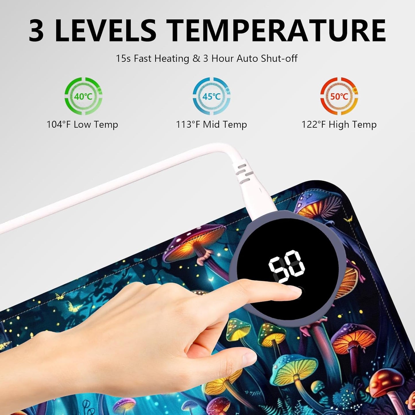 Heated Mouse Pad with 3 Levels Heated & 3 Hours Auto Shut-Off Mouse Pad for Warming Hands in Office Home, 31.5" x 13"Large Safe Desk Mat Hand Warmer，Forest Glowing Mushroom